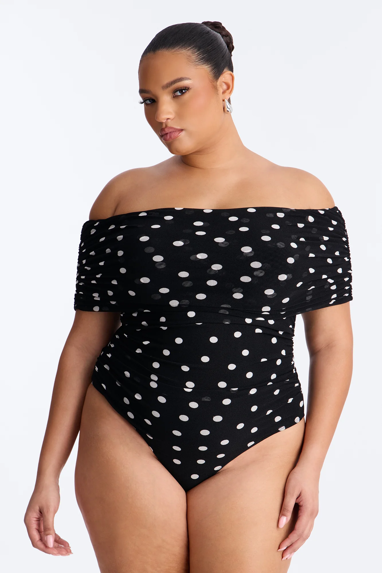 Demi Off Shoulder Polka Dot Mesh Bodysuit - Black/White - Image 6