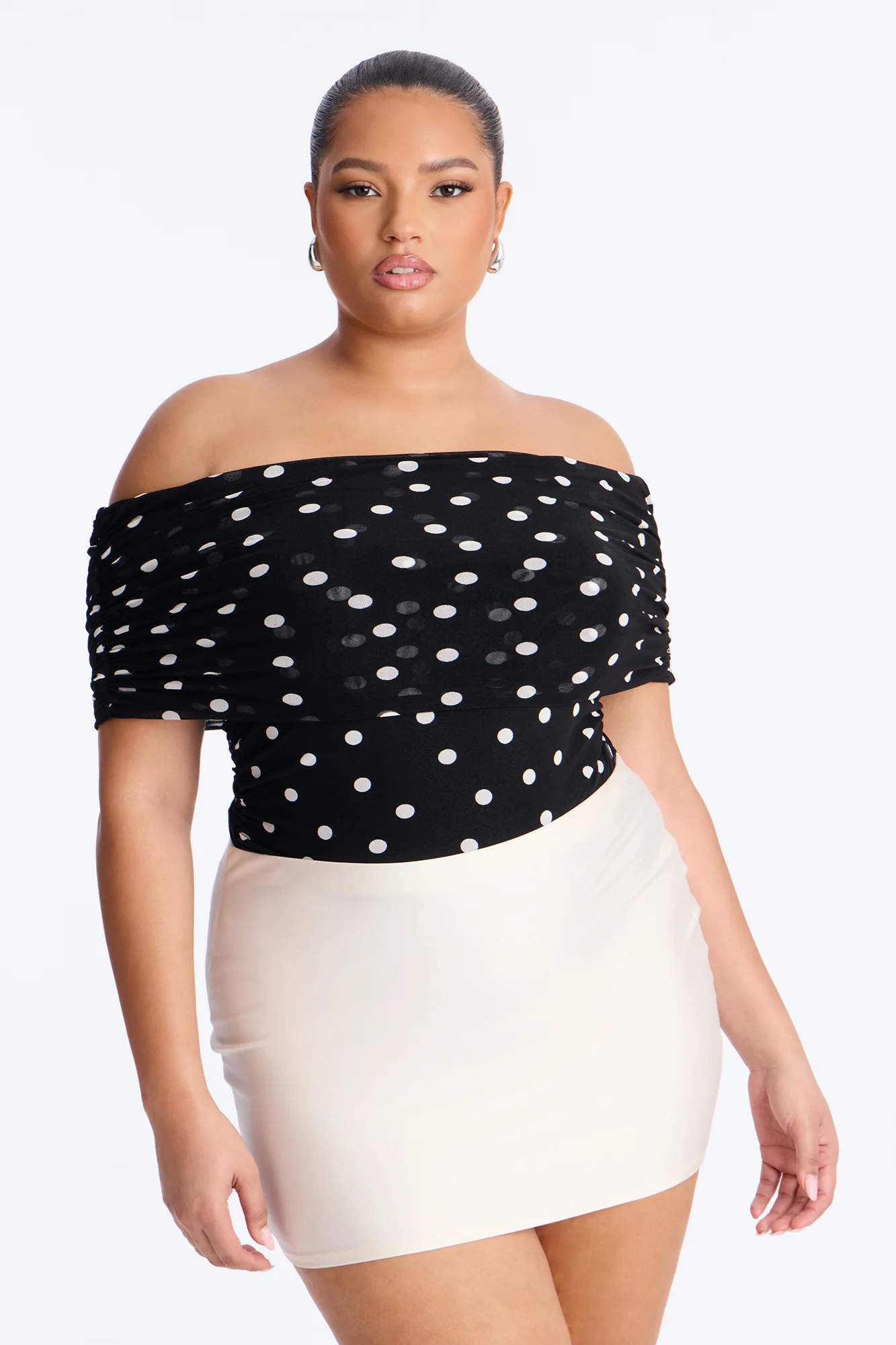 Demi Off Shoulder Polka Dot Mesh Bodysuit - Black/White - Image 8