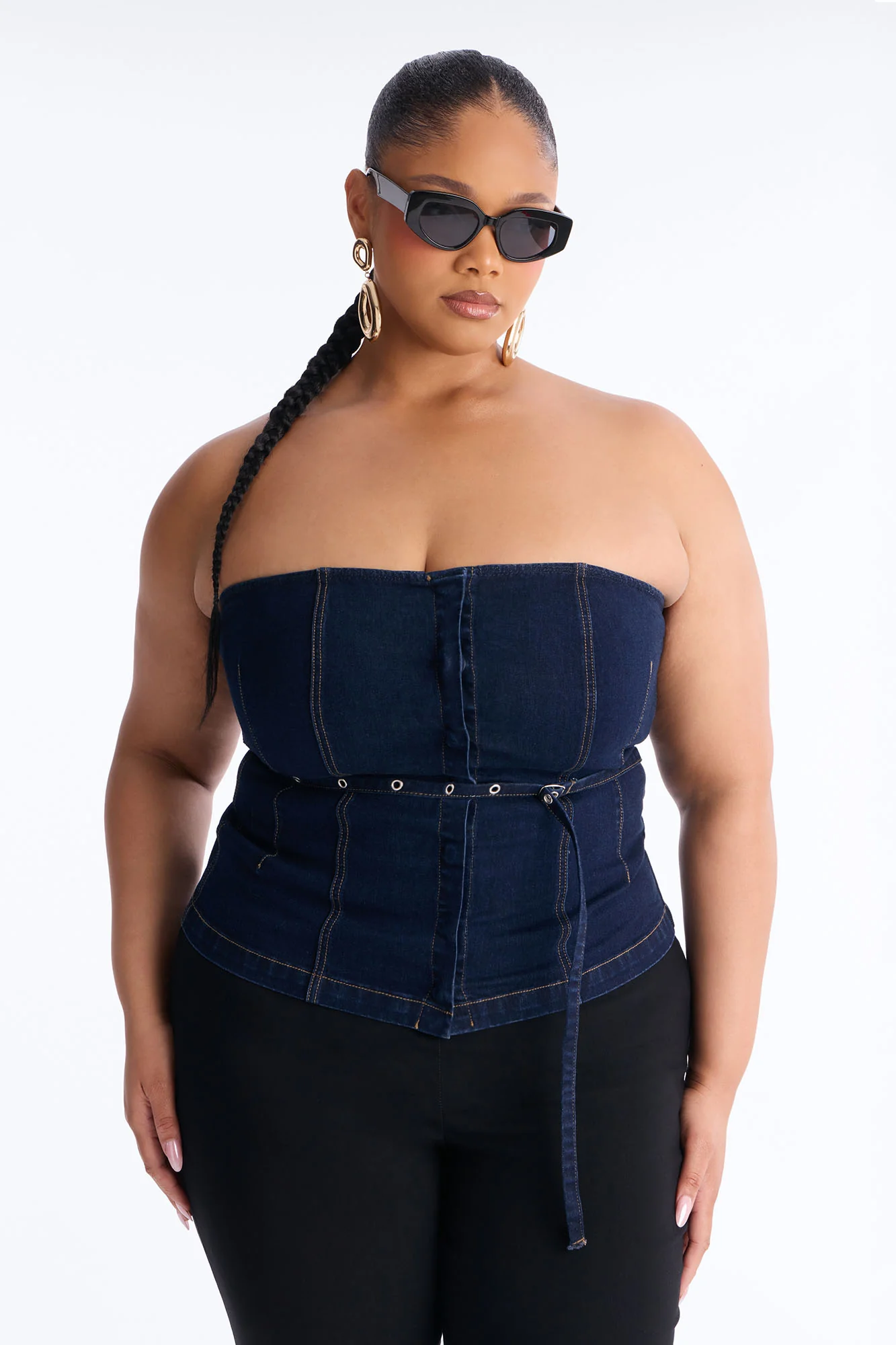 Denim Always Belted Peplum Top - Dark Wash - Image 4