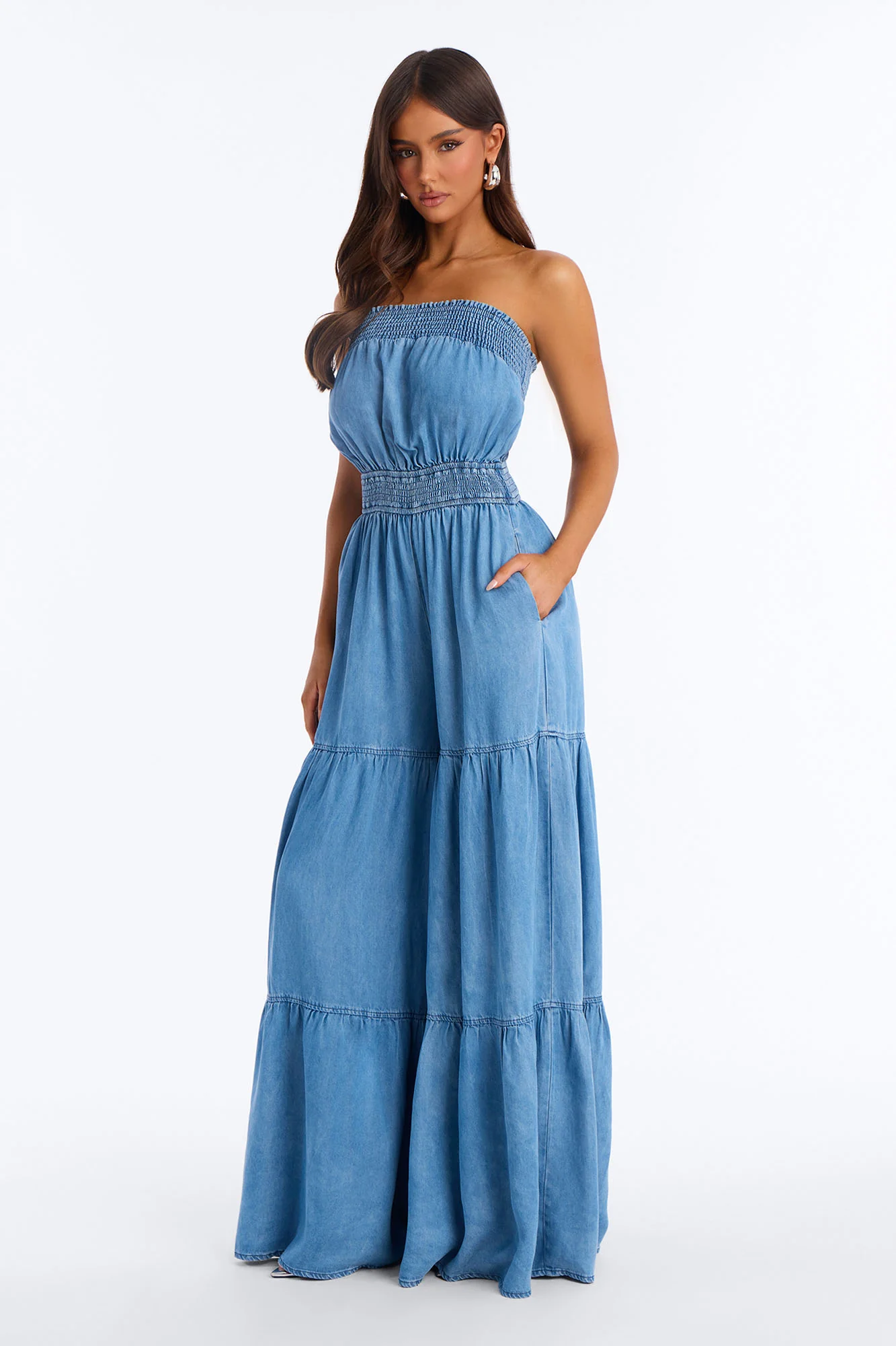 Denim Cutie Strapless Wide Leg Jumpsuit - Medium Wash