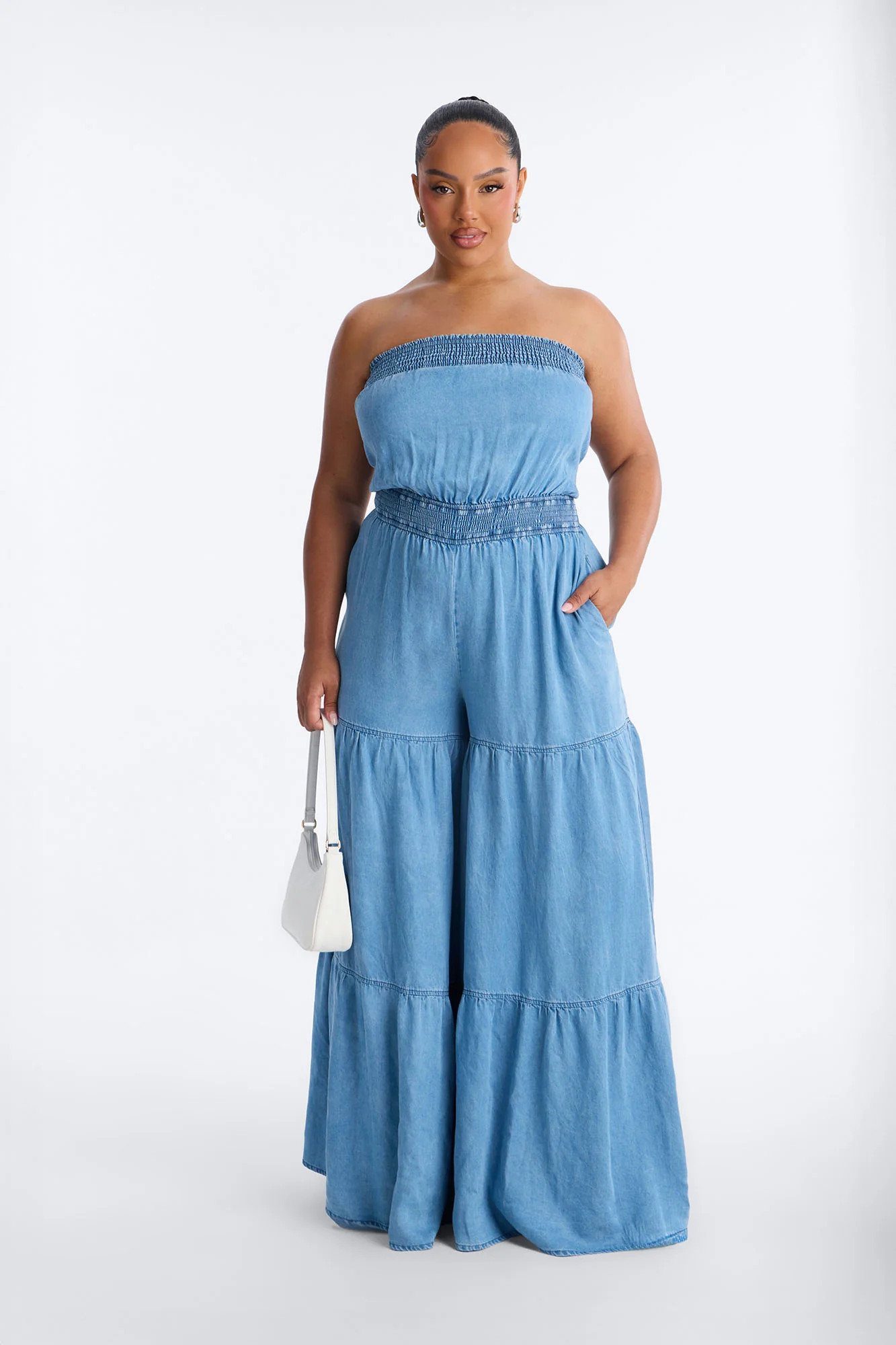 Denim Cutie Strapless Wide Leg Jumpsuit - Medium Wash - Image 5