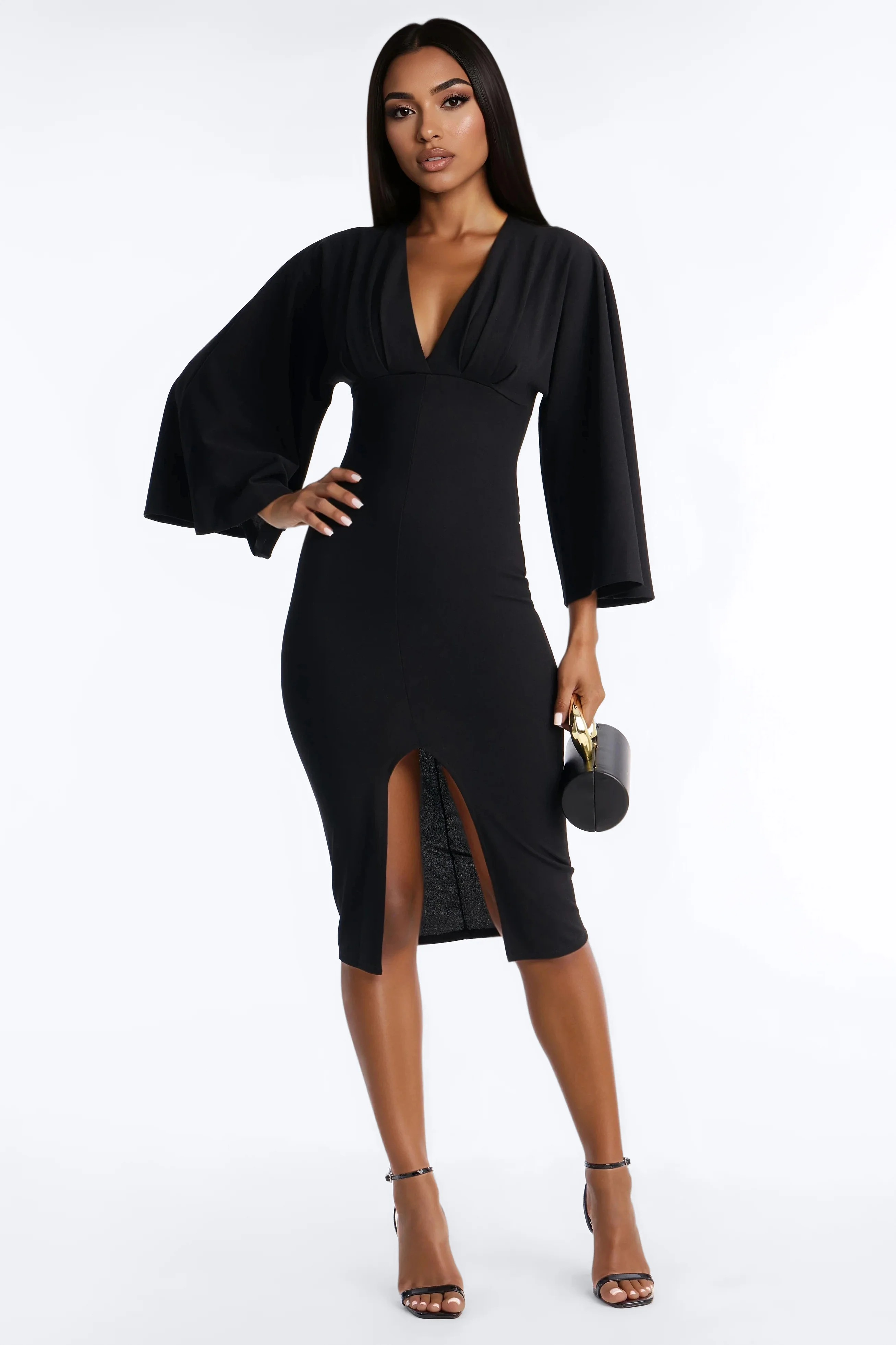 Denise Long Sleeve Midi Dress - Black