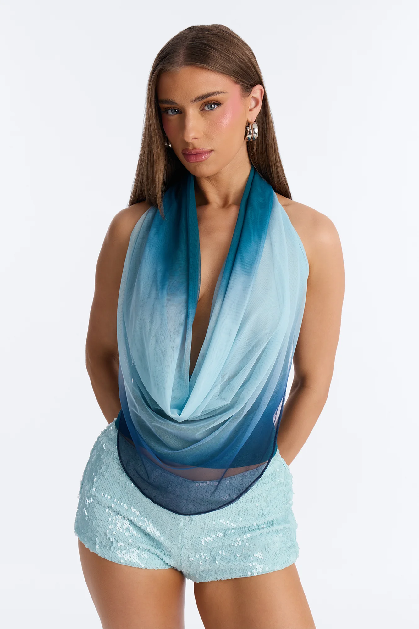 Desert Baddie Mesh Cowl Neck Halter Top - Blue/combo