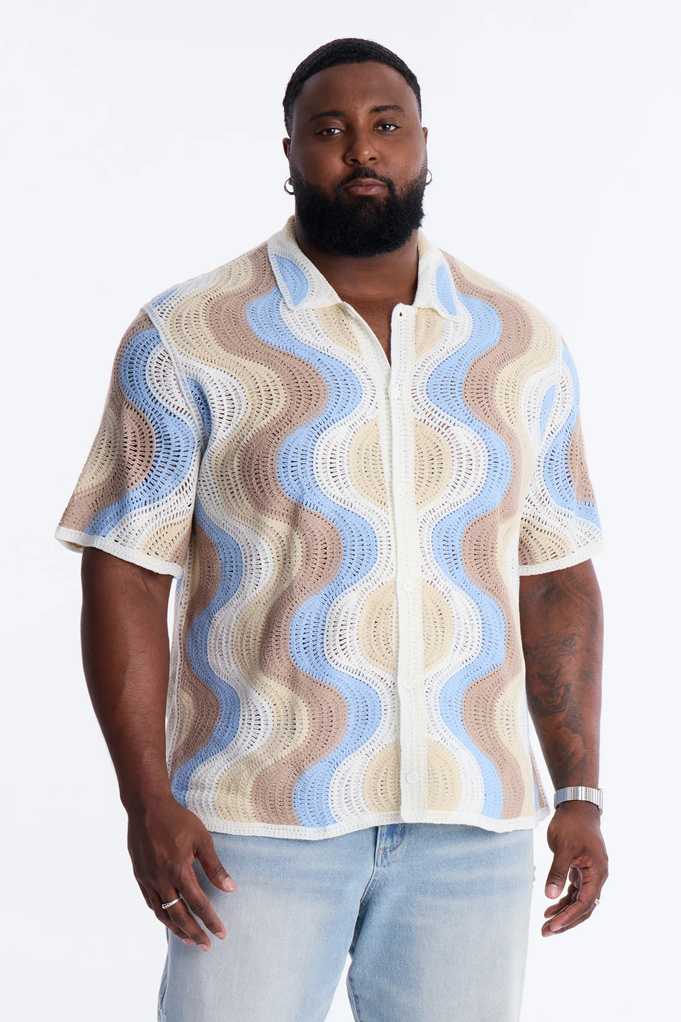 Desert Daze Crochet Short Sleeve Button Up Shirt - Multi Color - Image 5