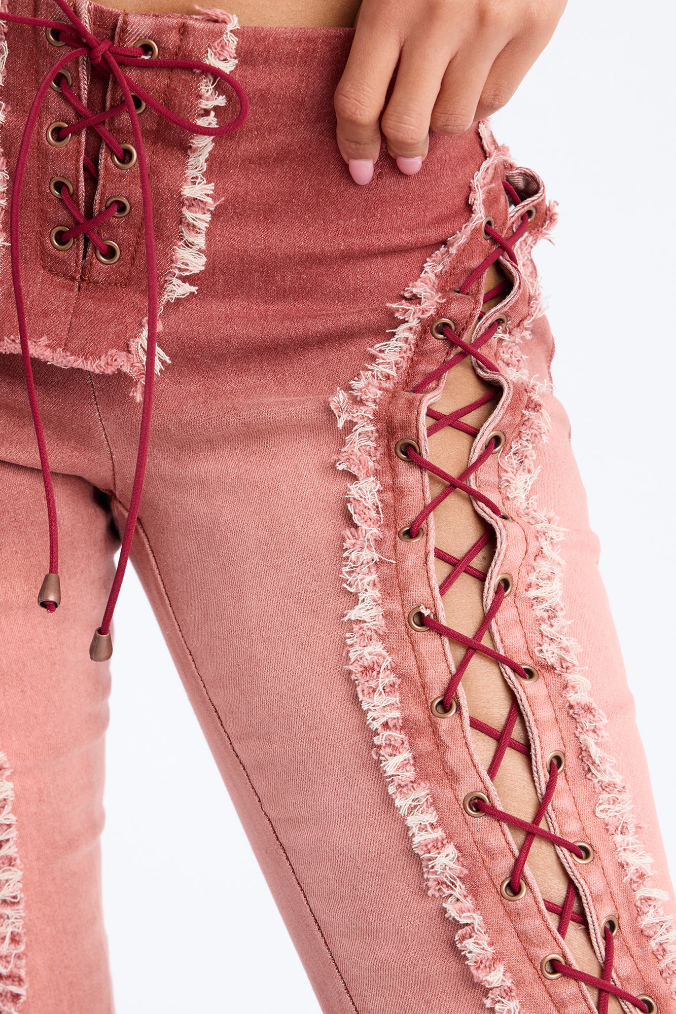 Desert Diva Lace Up Denim Capri Set - Burgundy - Image 4