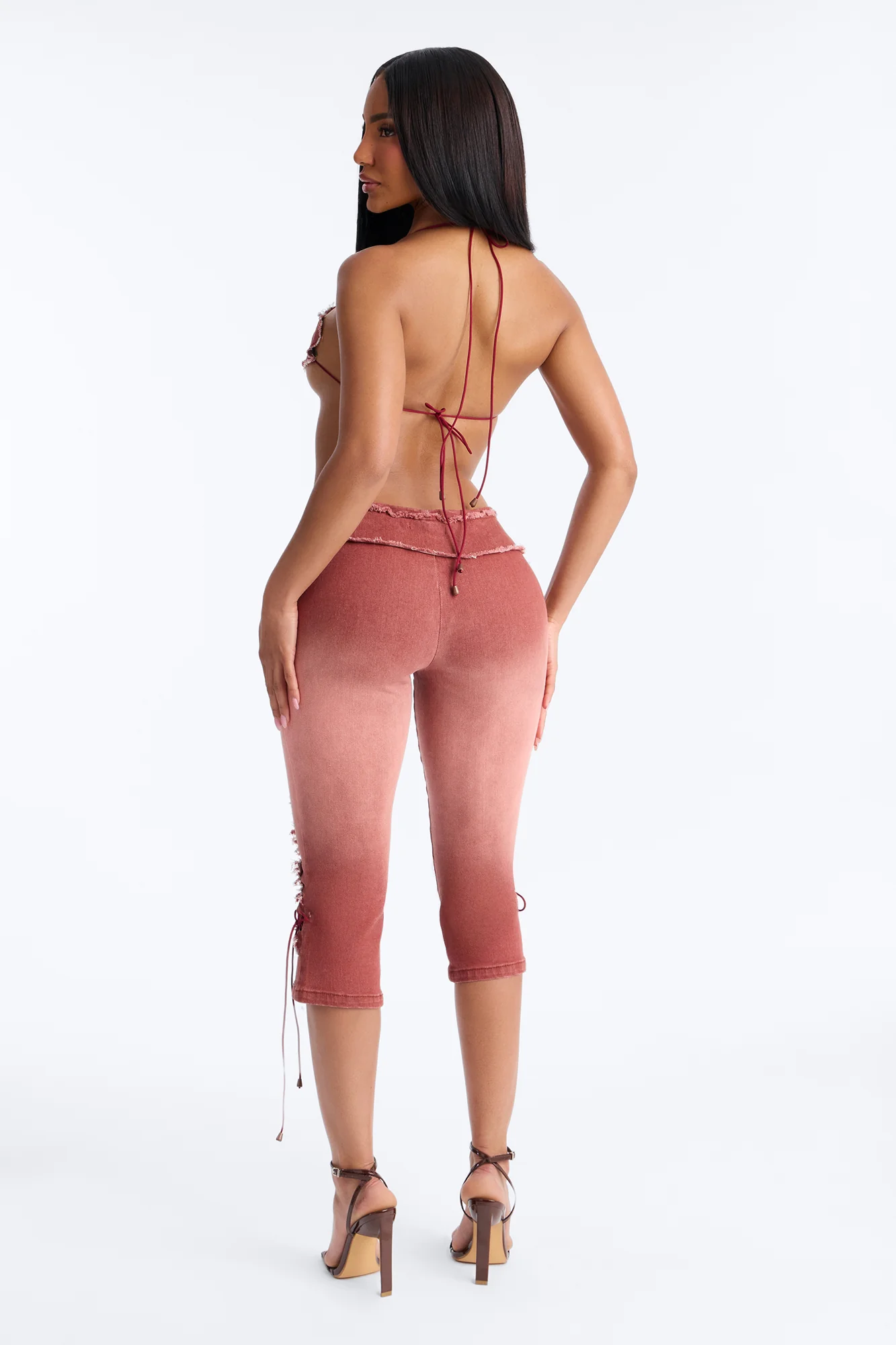Desert Diva Lace Up Denim Capri Set - Burgundy - Image 5