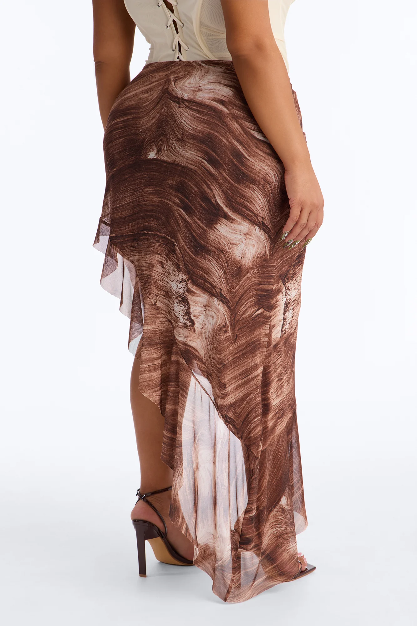 Desert Heat Asymmetrical Ruffle Mesh Midi Skirt - Brown/combo - Image 6