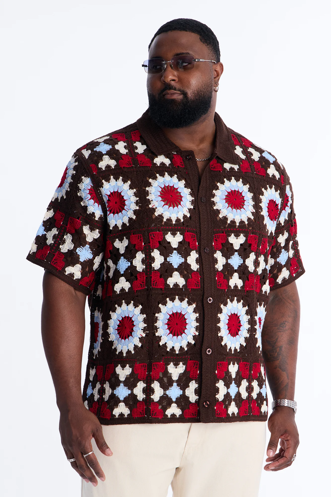 Desert Hues Crochet Button Up Shirt - Brown - Image 5
