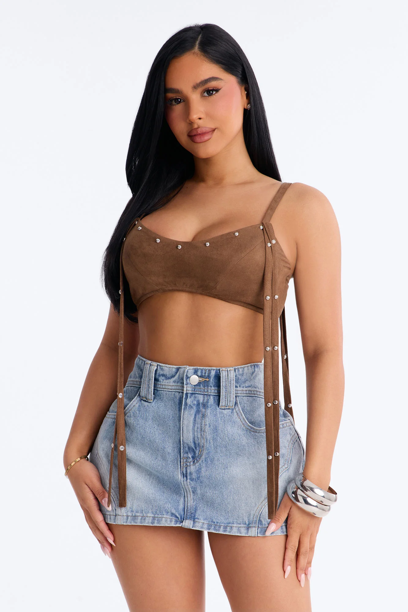 Desert Rebel Faux Suede Studded Fringe Bra Top - Brown