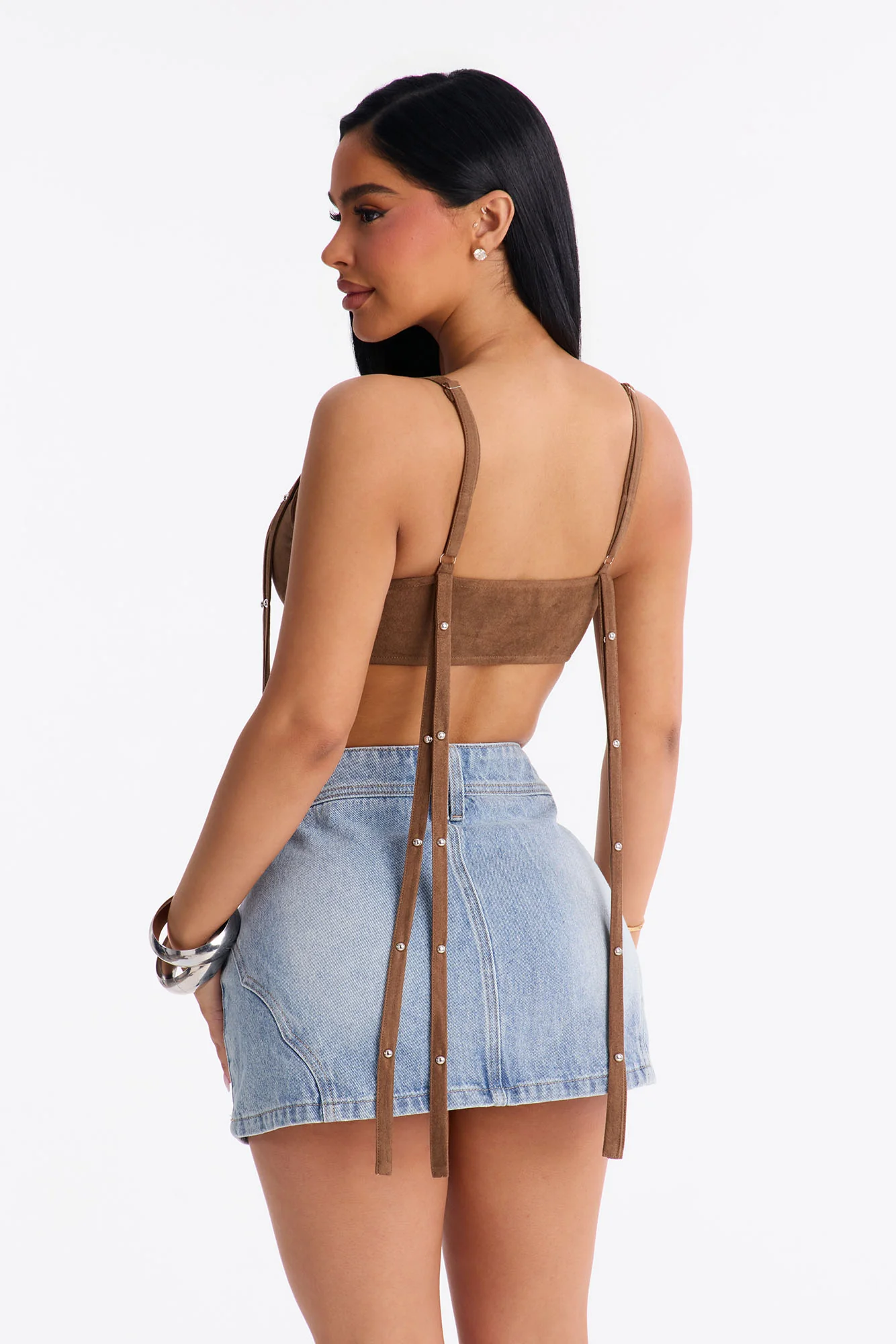 Desert Rebel Faux Suede Studded Fringe Bra Top - Brown - Image 4