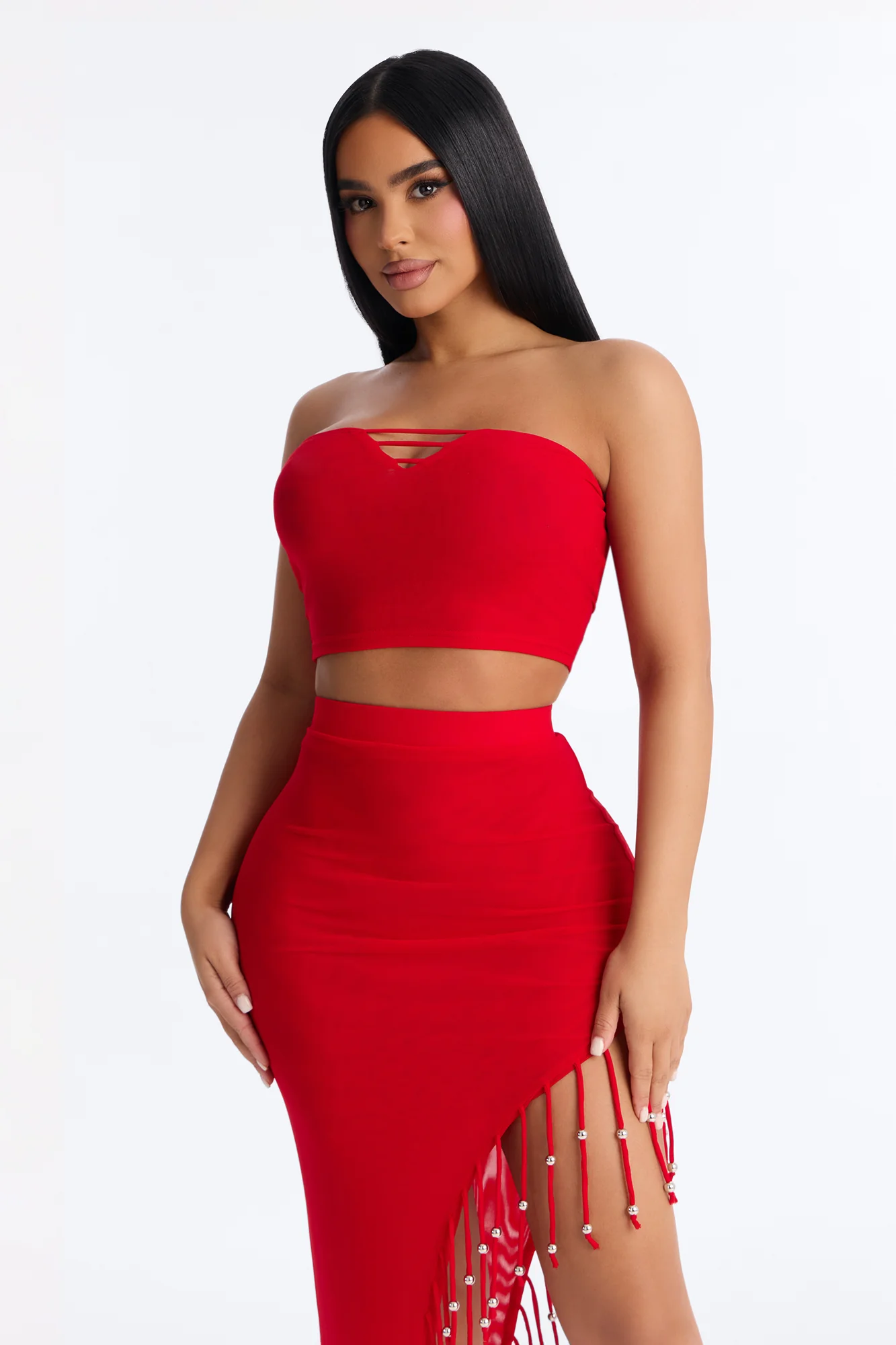 Desiree Beaded Fringe Mesh Skirt Set - Red - Image 4