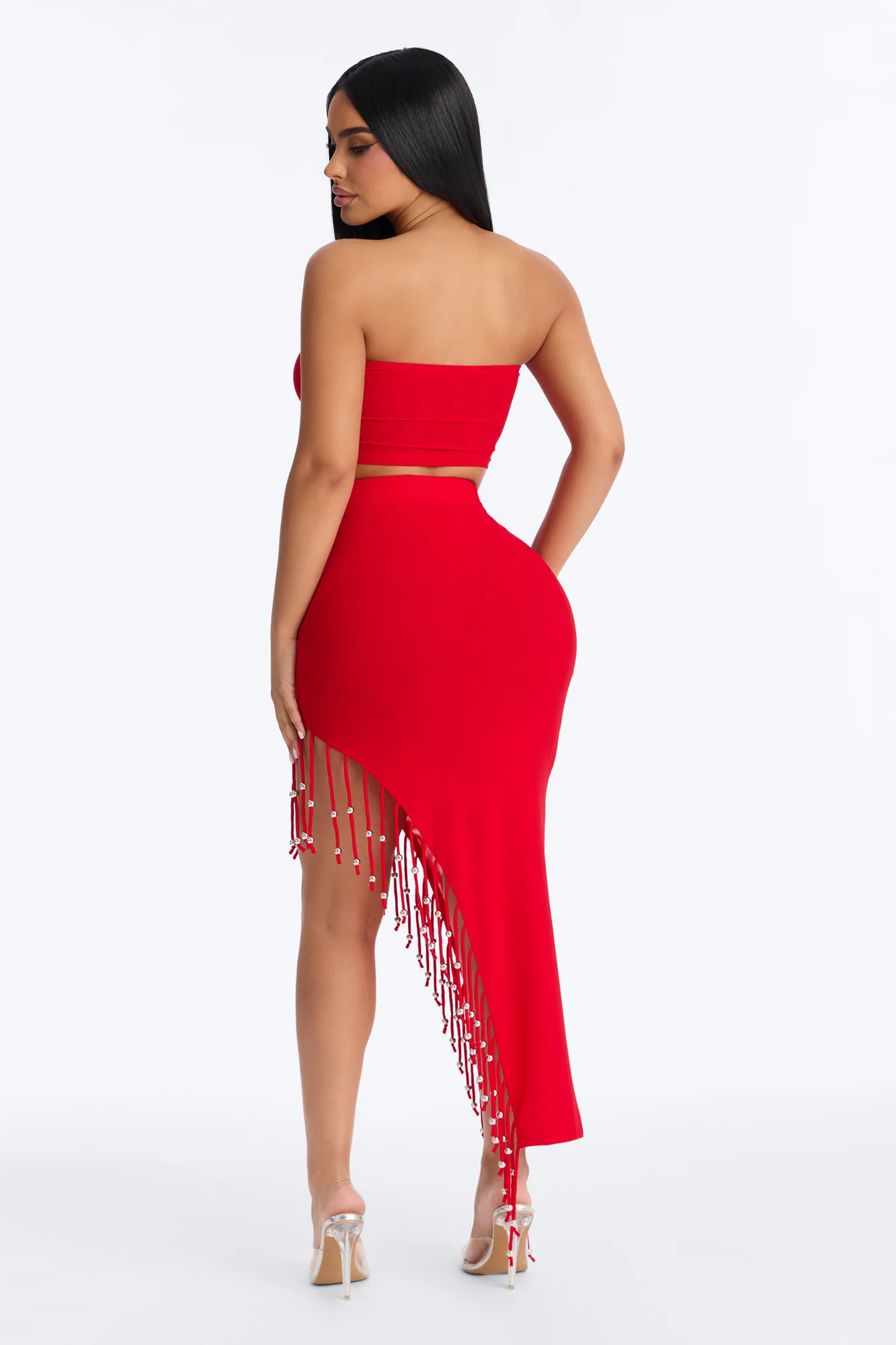 Desiree Beaded Fringe Mesh Skirt Set - Red - Image 5