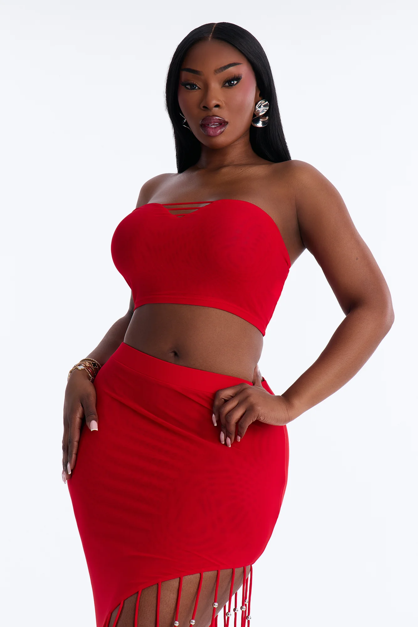Desiree Beaded Fringe Mesh Skirt Set - Red - Image 6