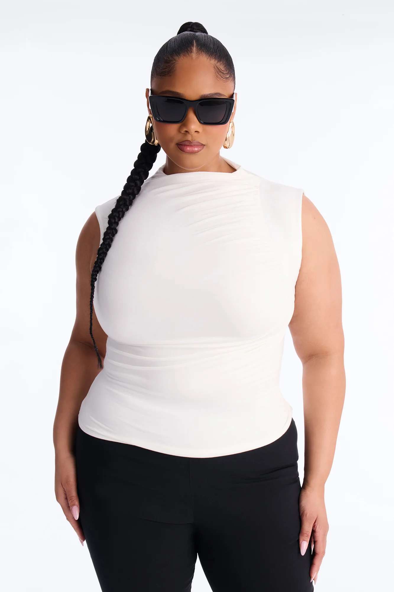 Desiree Mock Neck Ruched Sleeveless Top - Ivory - Image 5