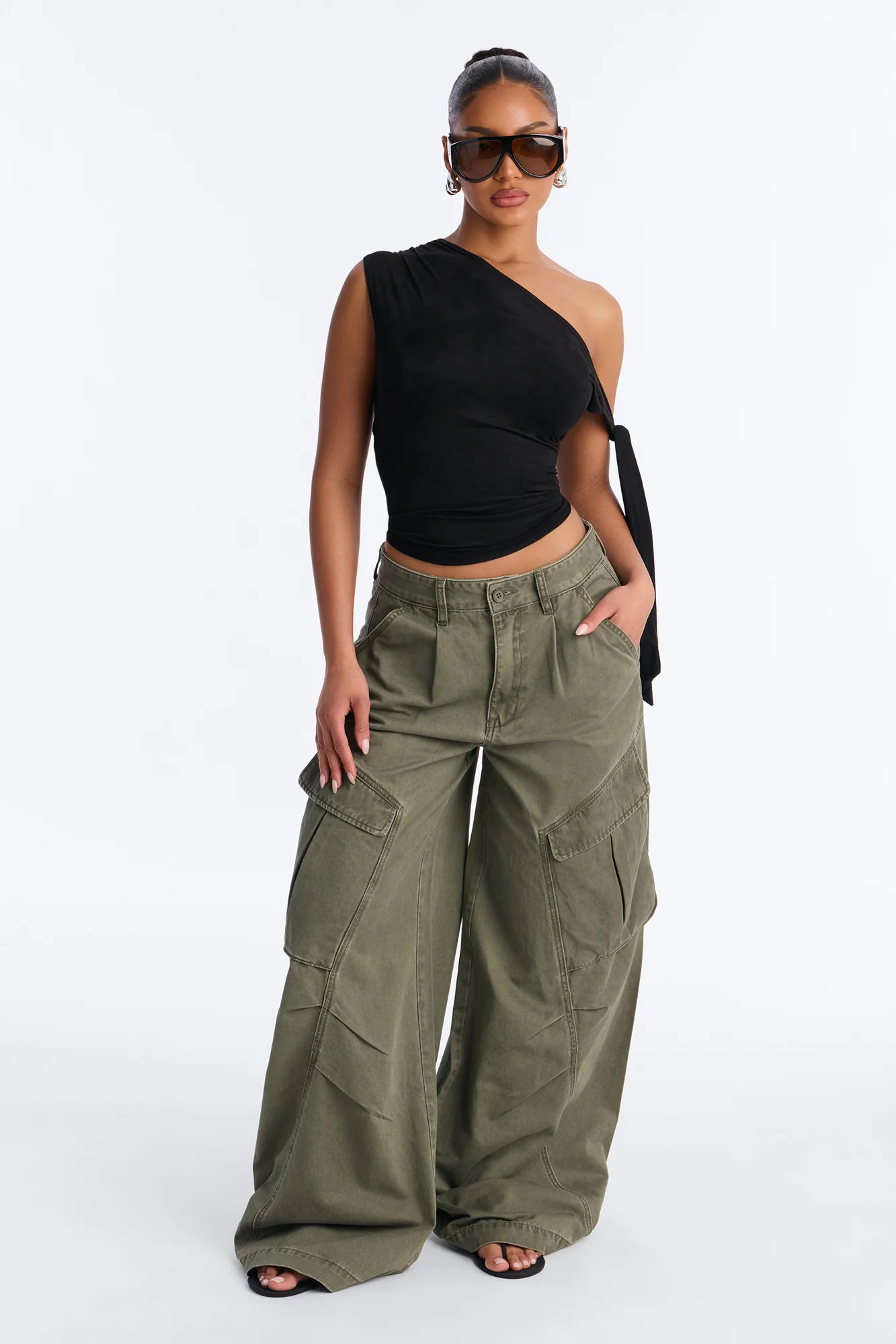 Destiny High Rise Wide Leg Cargo Pant 33″ - Olive
