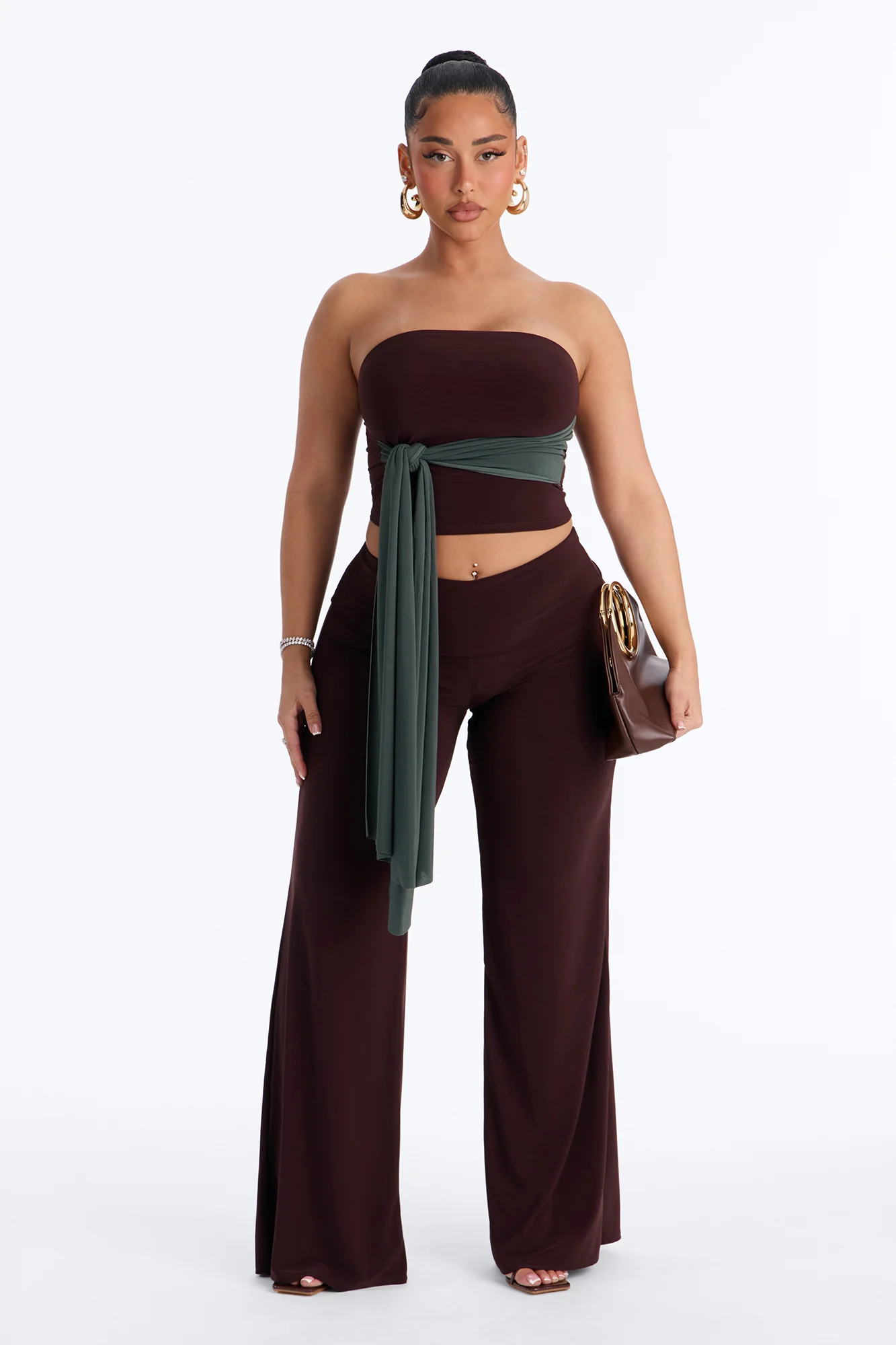 Devin Tie Front Colorblock Pant Set - Brown/combo