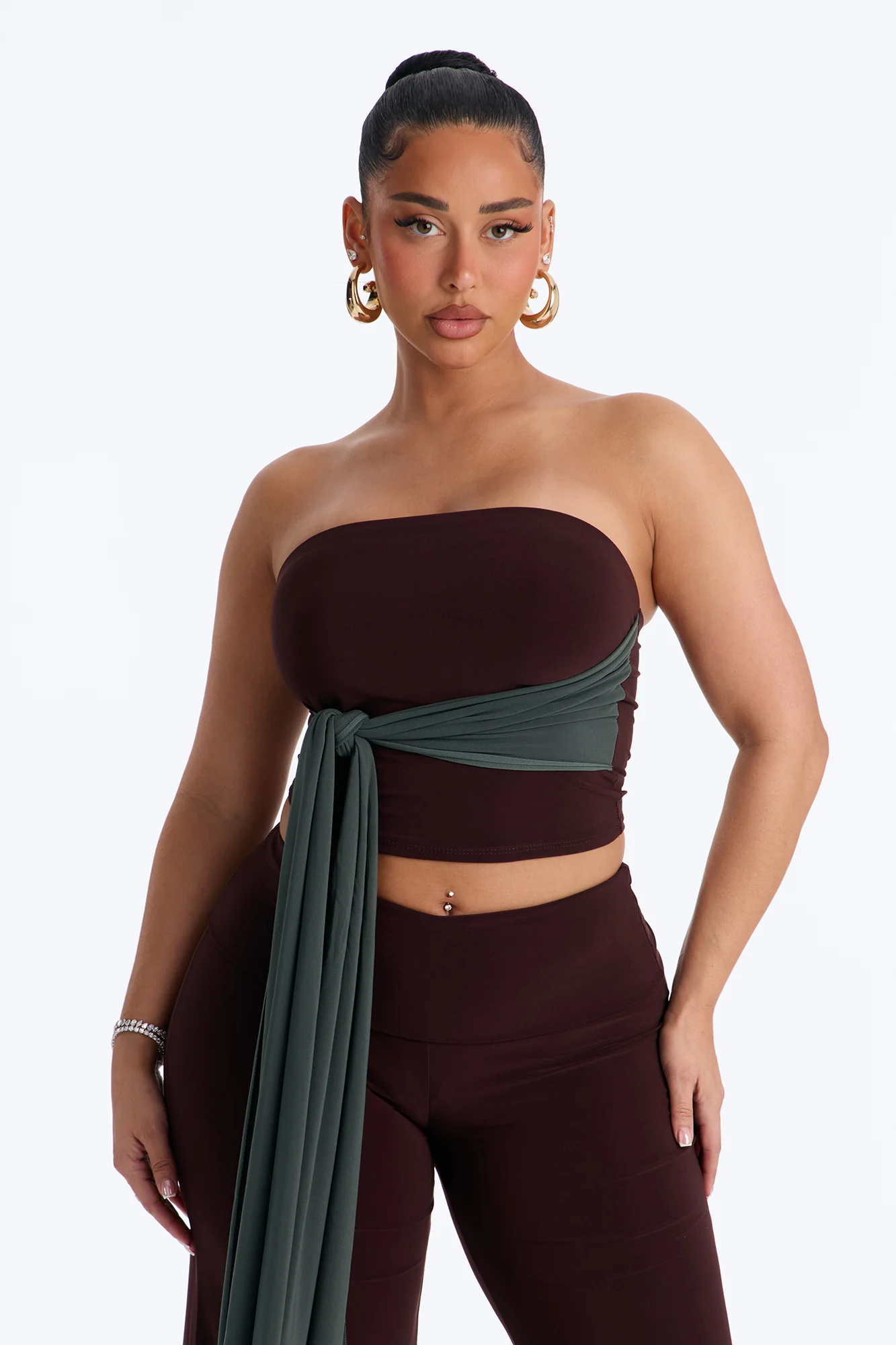 Devin Tie Front Colorblock Pant Set - Brown/combo - Image 2