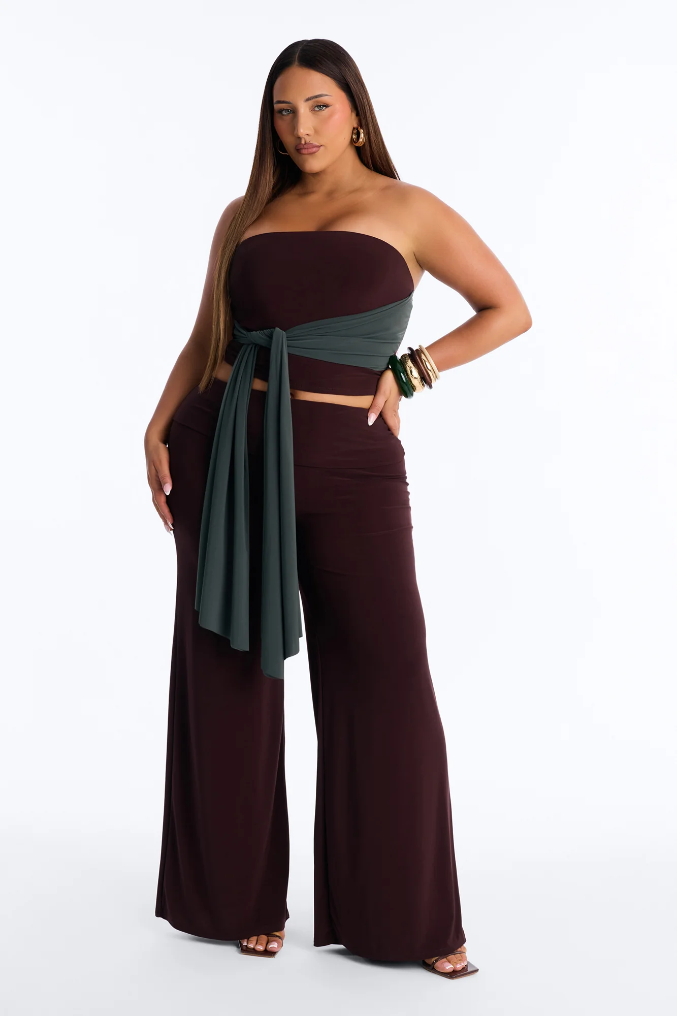 Devin Tie Front Colorblock Pant Set - Brown/combo - Image 5
