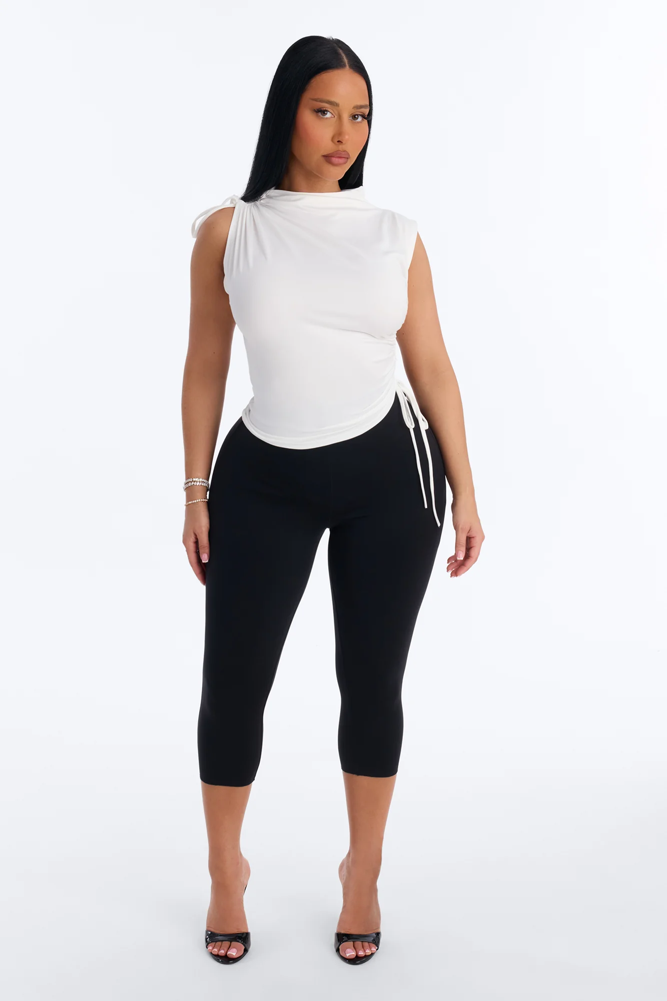 Devon Ruched Drawstring Mock Neck Top - White - Image 2