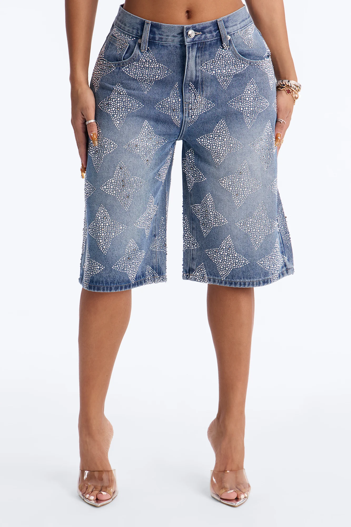 Diamond Cut Embellished Denim Jorts - Medium Wash