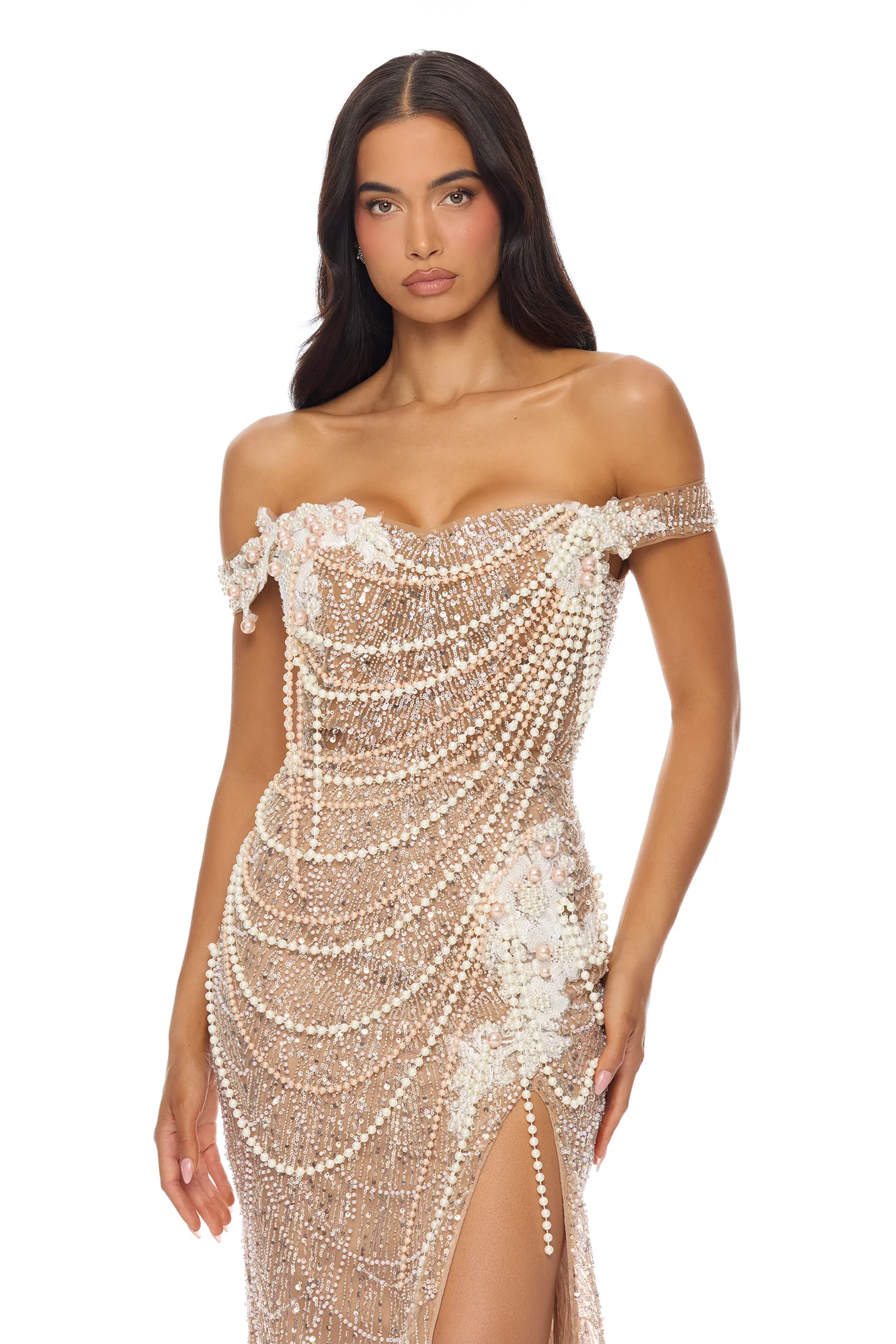 Diamonds And Pearls Embellished Gown - Nude - Image 2