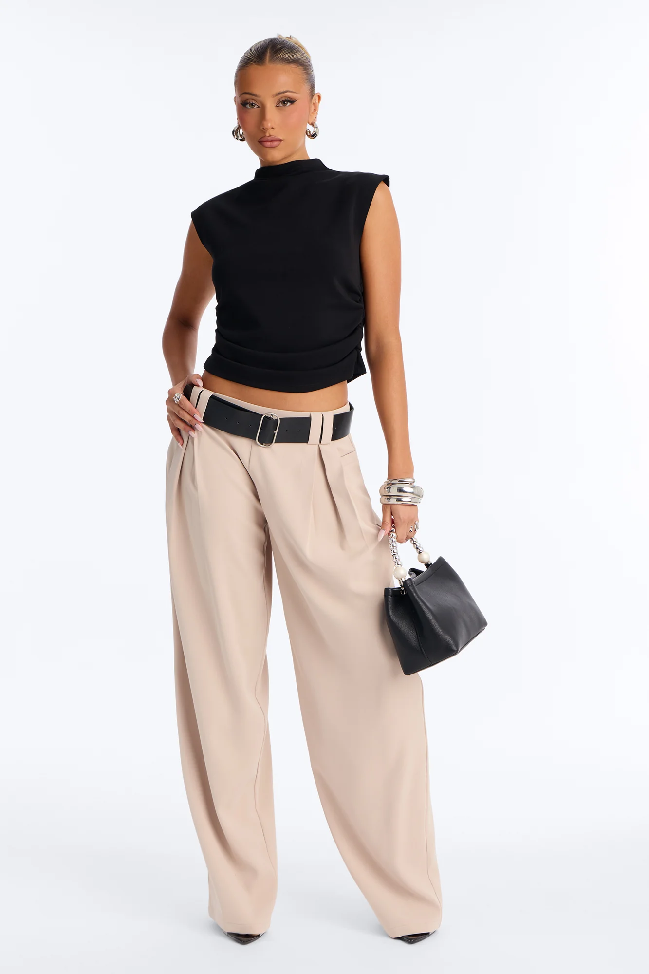 Diana Belted Wide Leg Pleated Trouser - Beige