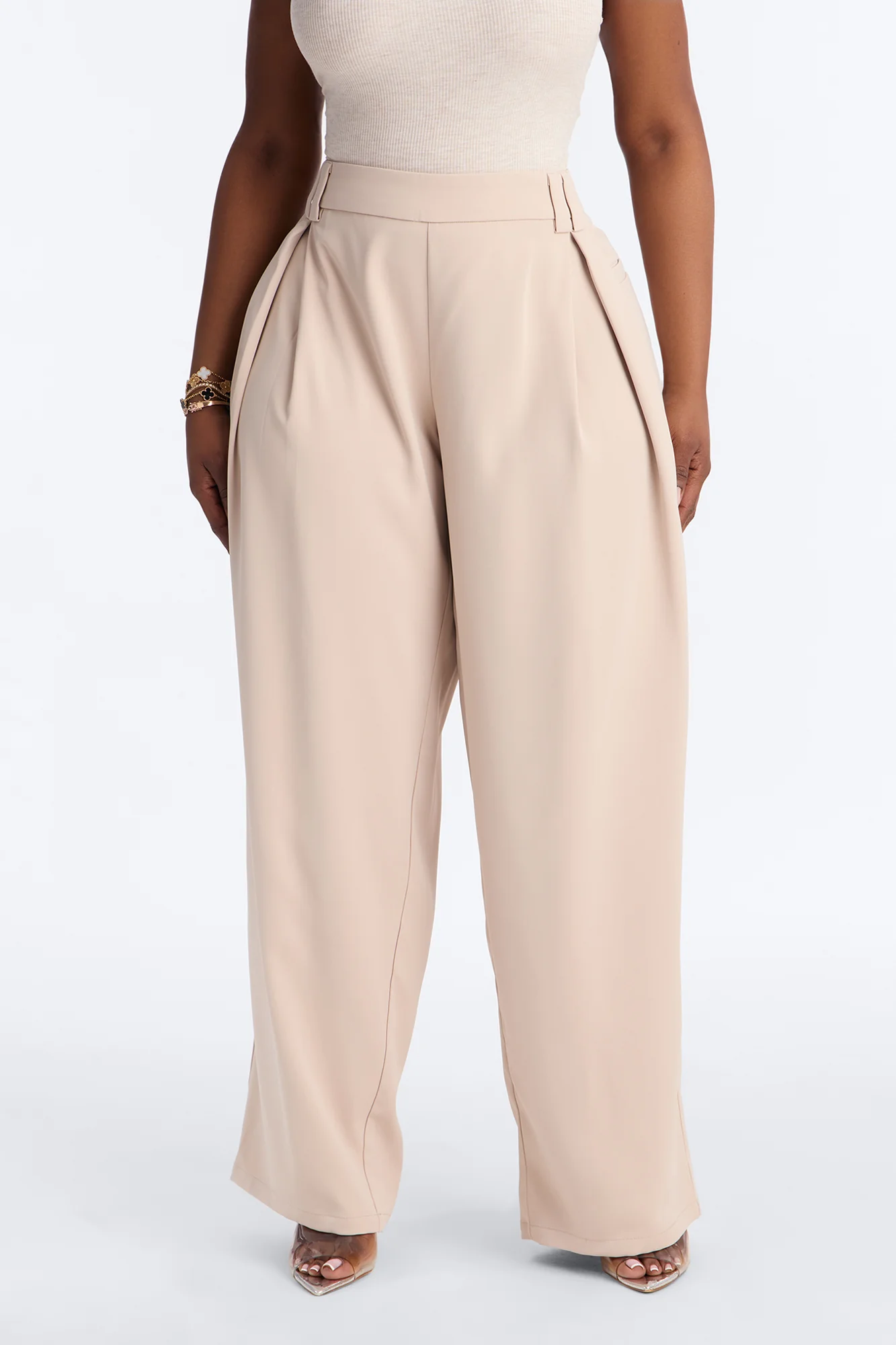 Diana Belted Wide Leg Pleated Trouser - Beige - Image 6