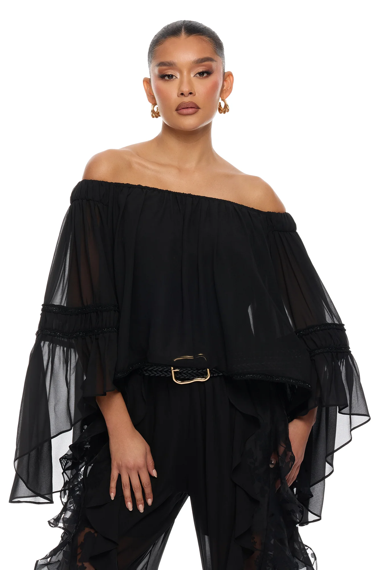 Dianna Off Shoulder Chiffon Blouse - Black - Image 3