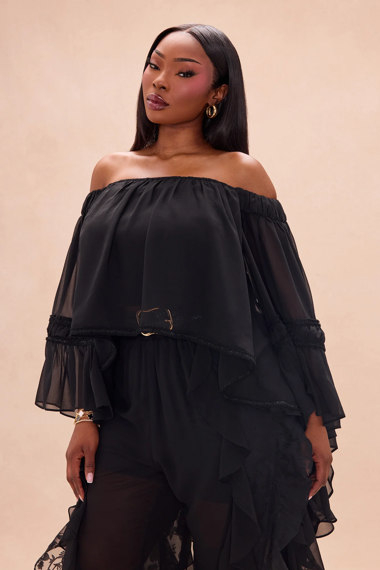 Dianna Off Shoulder Chiffon Blouse - Black - Image 6