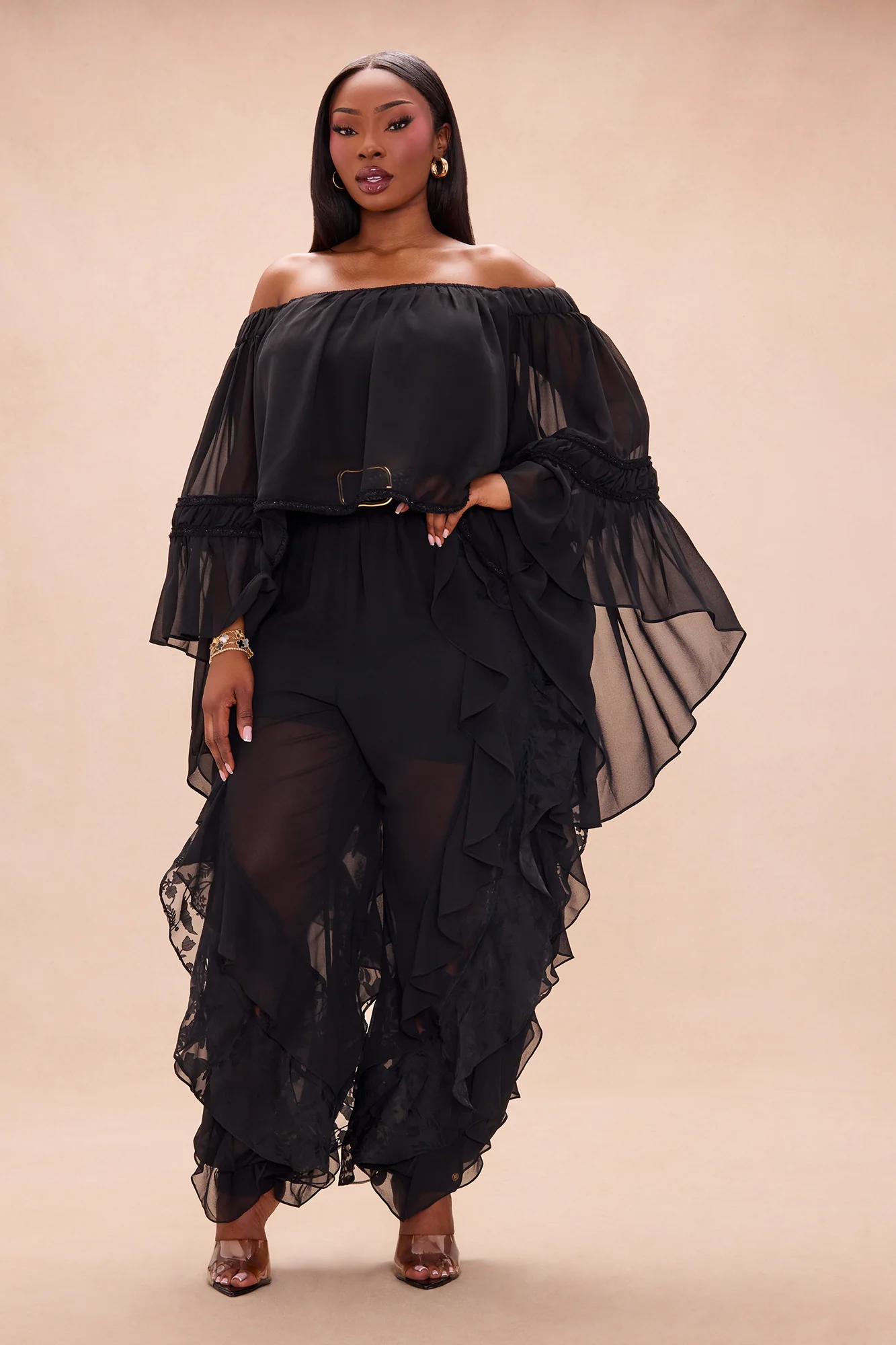Dianna Off Shoulder Chiffon Blouse - Black - Image 7