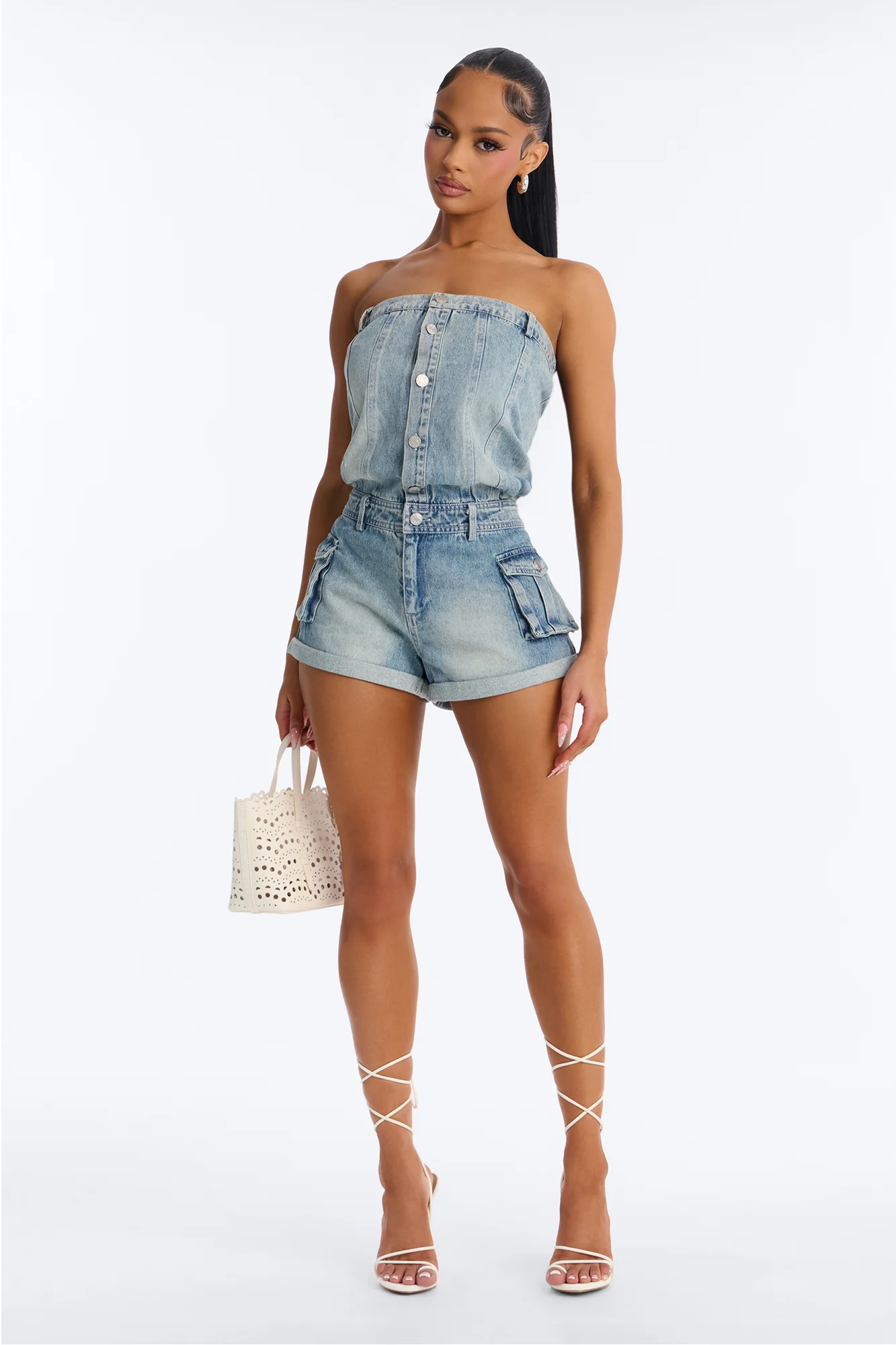 Dina Denim Cargo Strapless Romper - Medium Wash