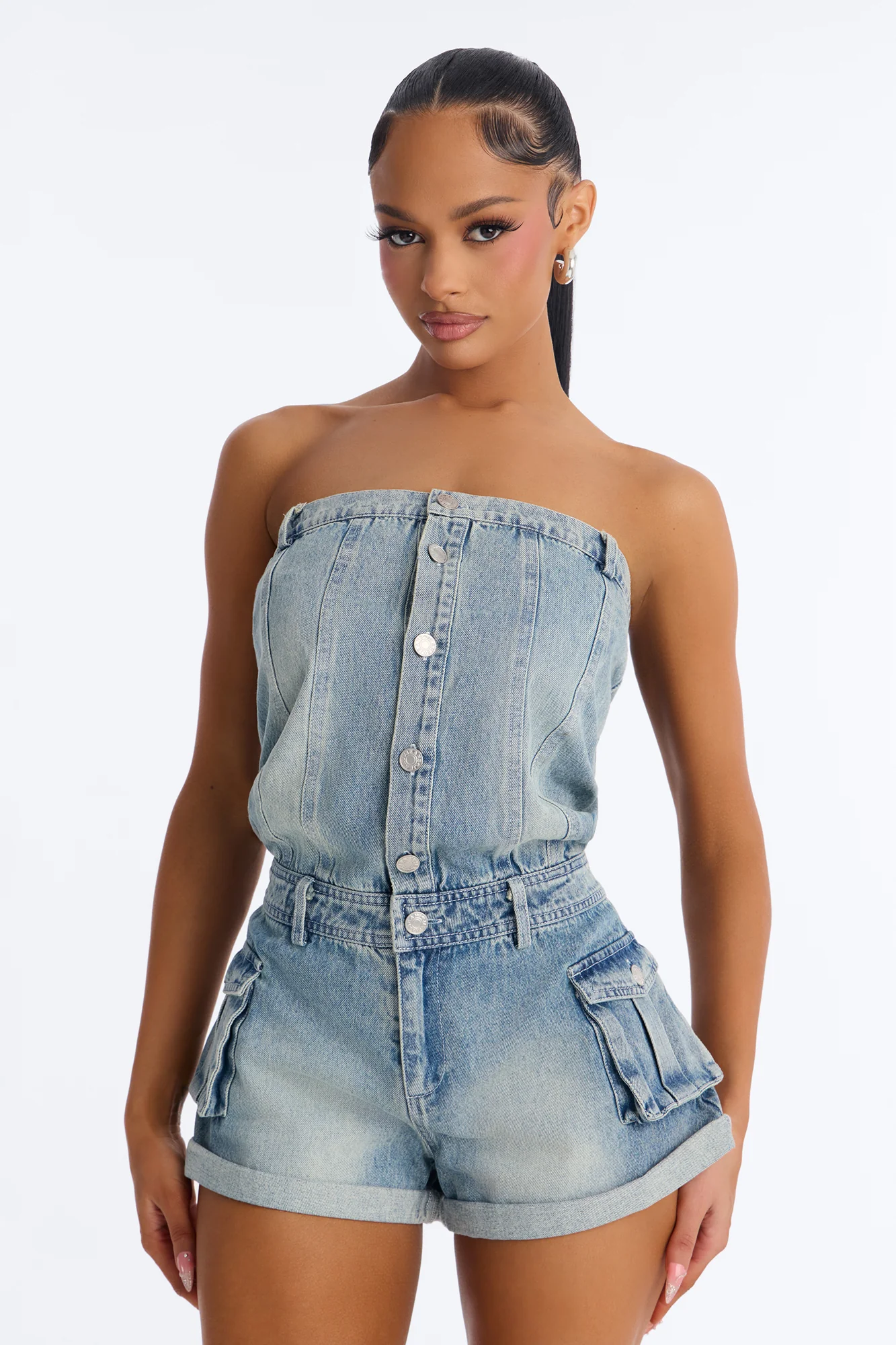 Dina Denim Cargo Strapless Romper - Medium Wash - Image 2