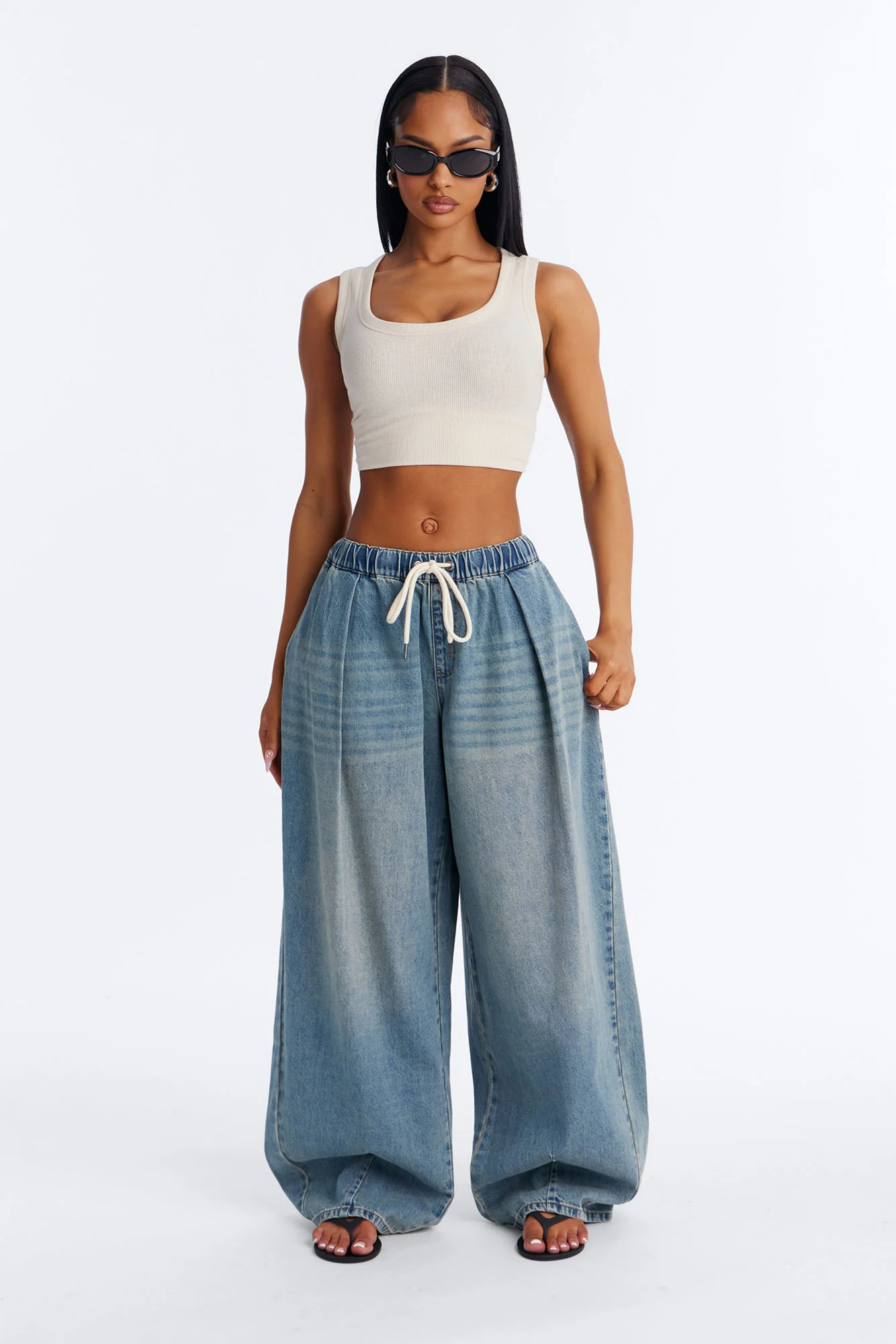Direct Flight Tie Waist Baggy Jeans - Light Wash - Image 2