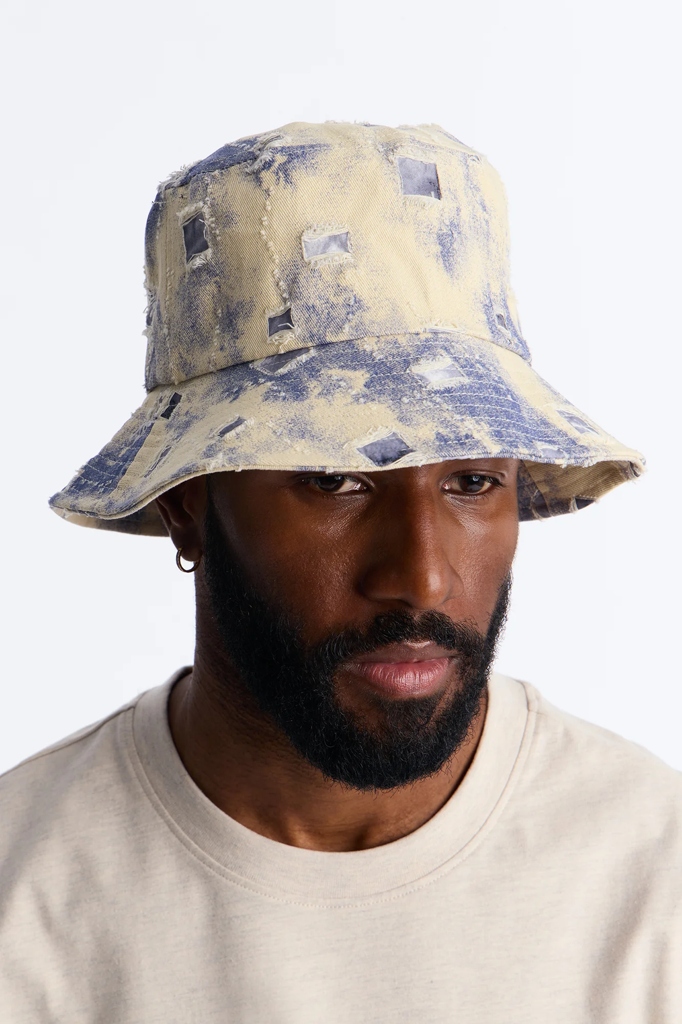 Distressed Detail Painted Denim Bucket Hat - Cream/combo - Image 2