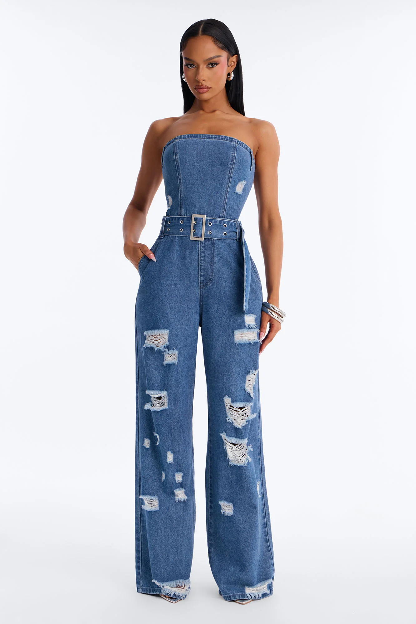 Diva In Distress Belted Denim Jumpsuit - Medium Wash