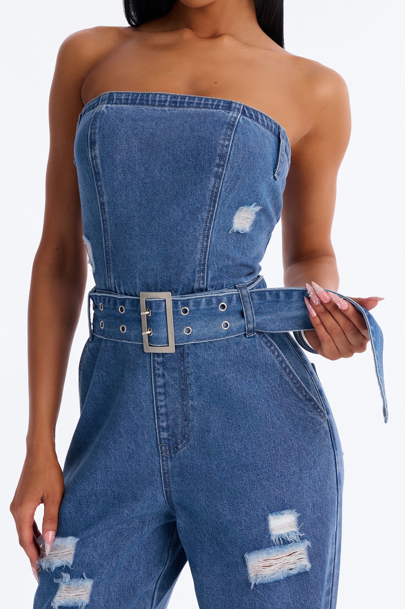 Diva In Distress Belted Denim Jumpsuit - Medium Wash - Image 3
