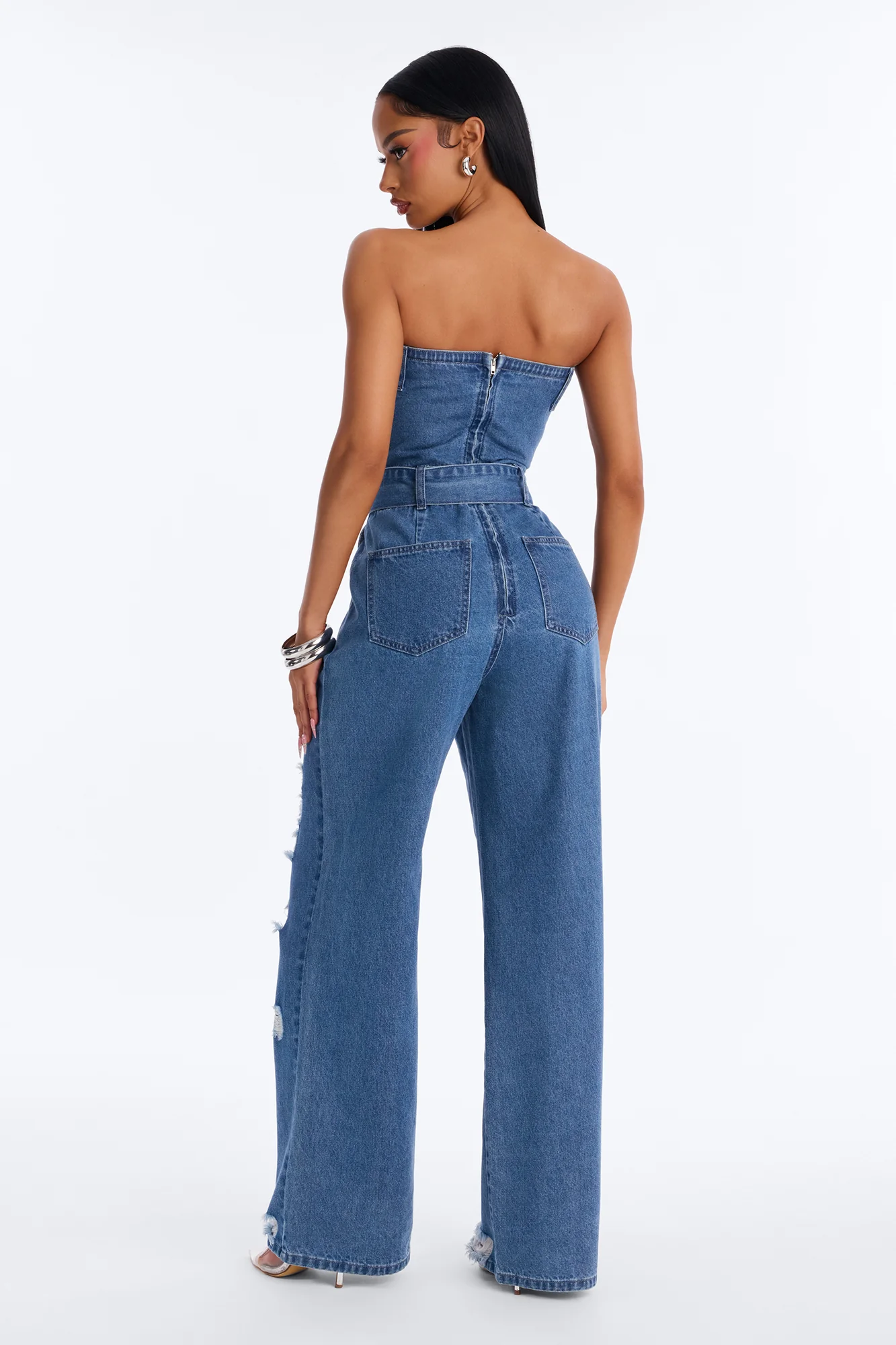 Diva In Distress Belted Denim Jumpsuit - Medium Wash - Image 4