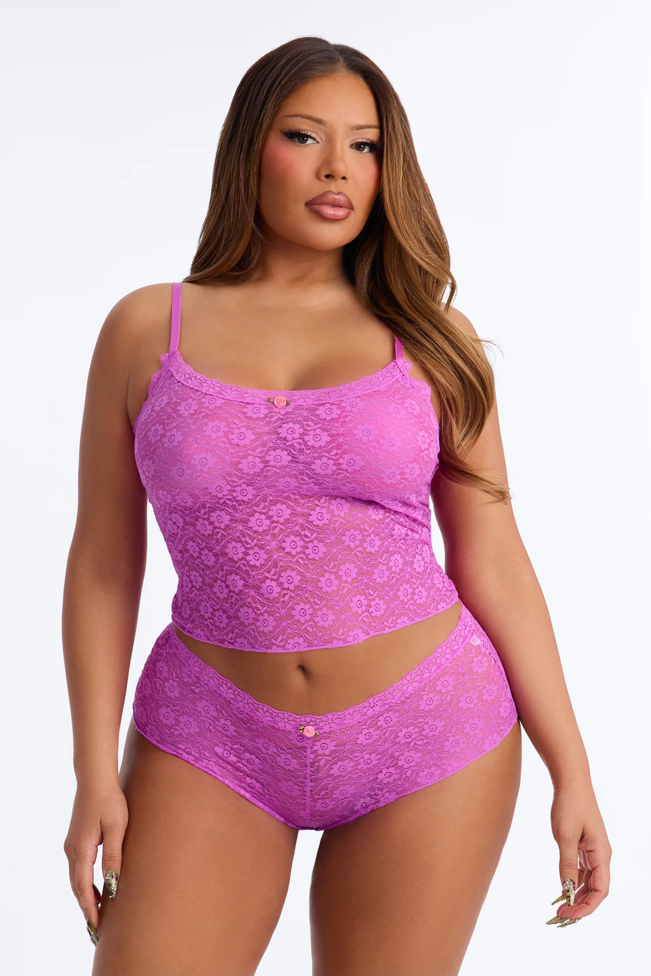 Divine Desire Floral Lace Cami Boyshort 2 Piece Set - Fuchsia - Image 4