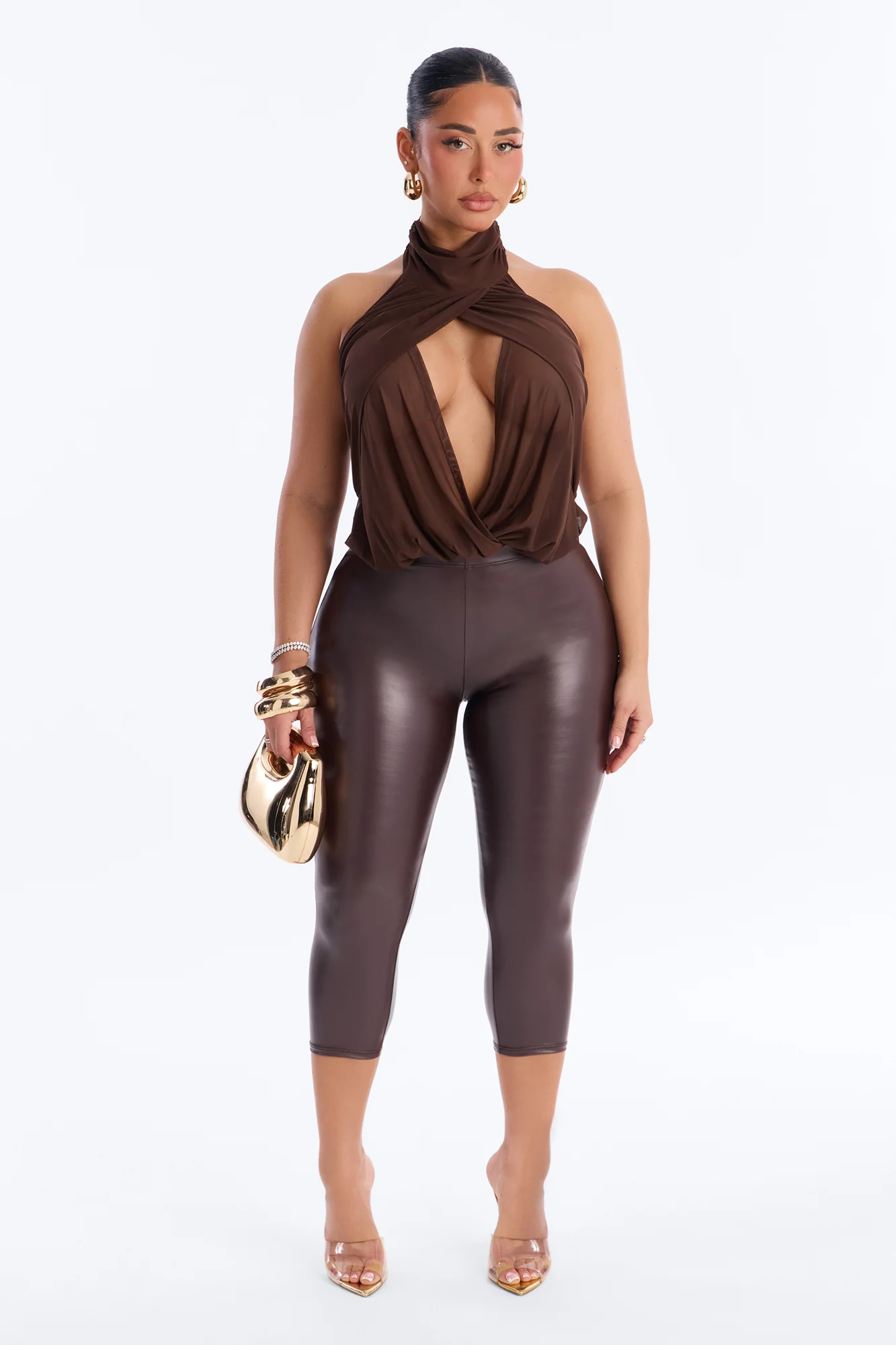 Divine Ease Sheer Mesh Ruched Halter Top - Chocolate - Image 2