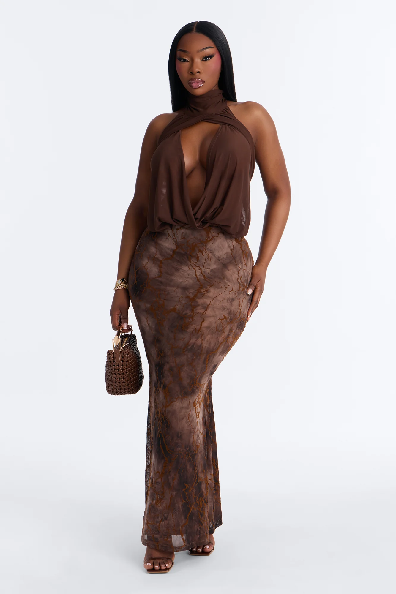 Divine Ease Sheer Mesh Ruched Halter Top - Chocolate - Image 6
