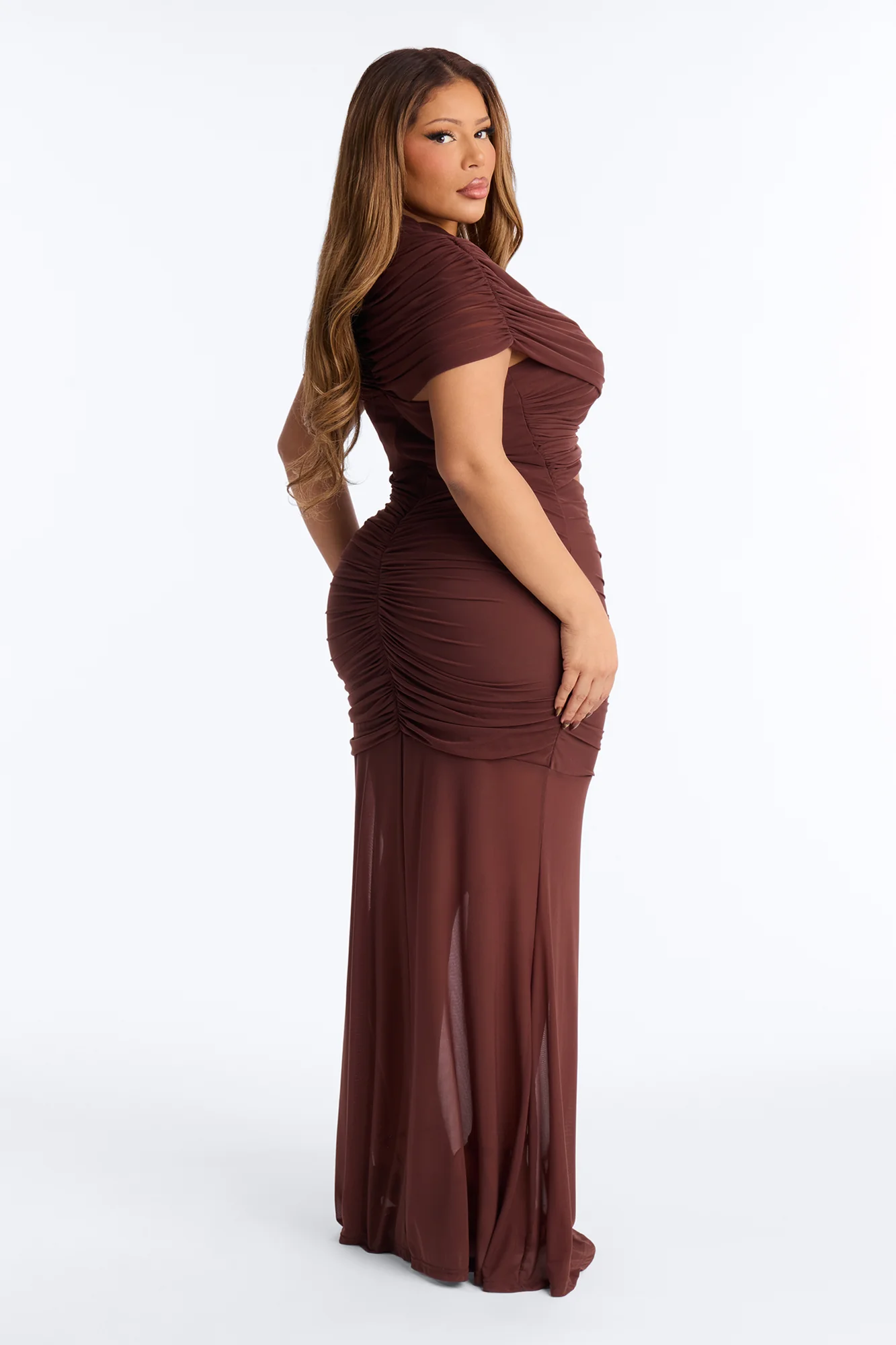 Divine Timing Ruched Mesh Maxi Dress - Chocolate - Image 7