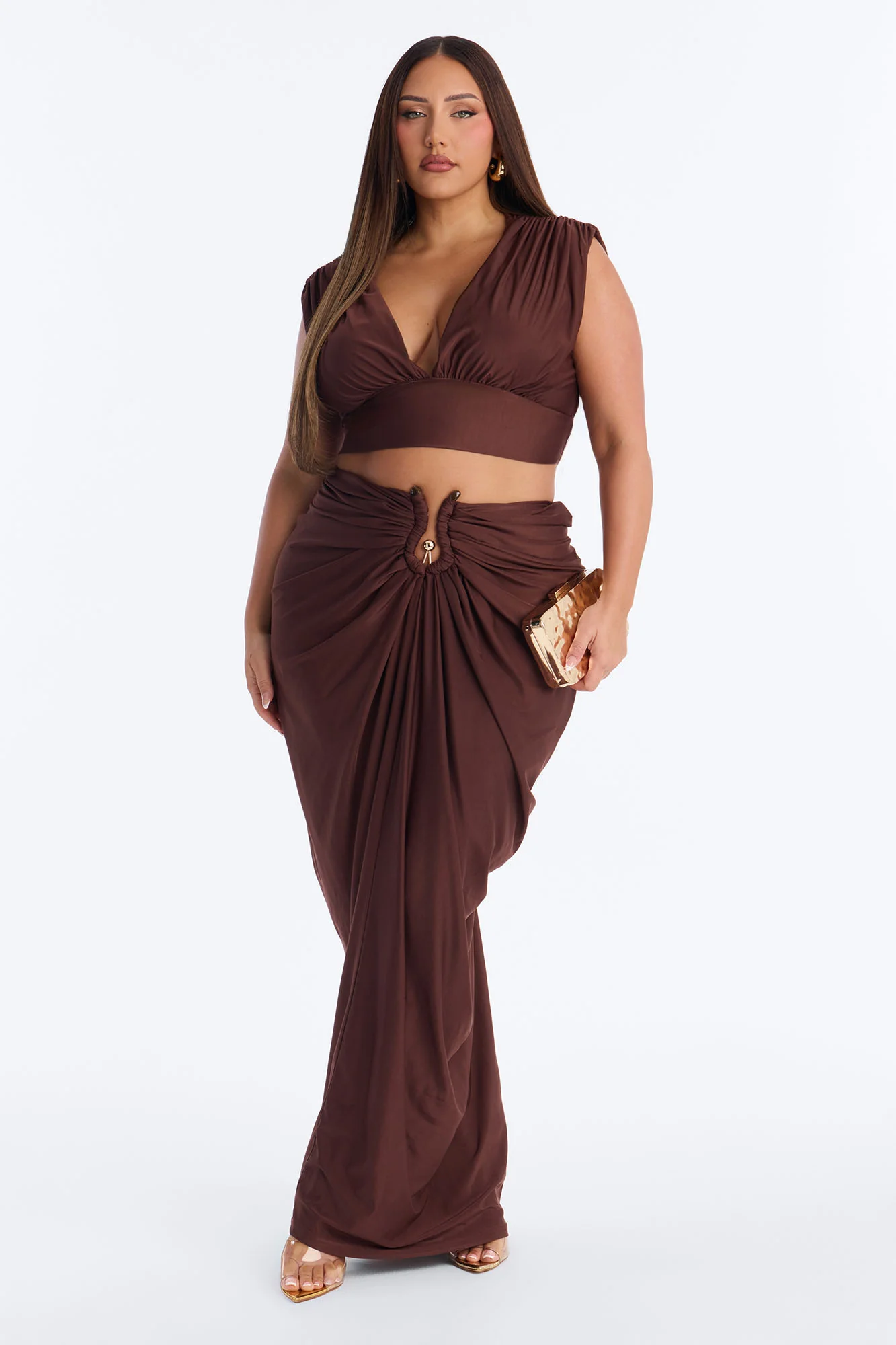 Divinely Draped Double Lined Skirt Set - Chocolate - Image 5