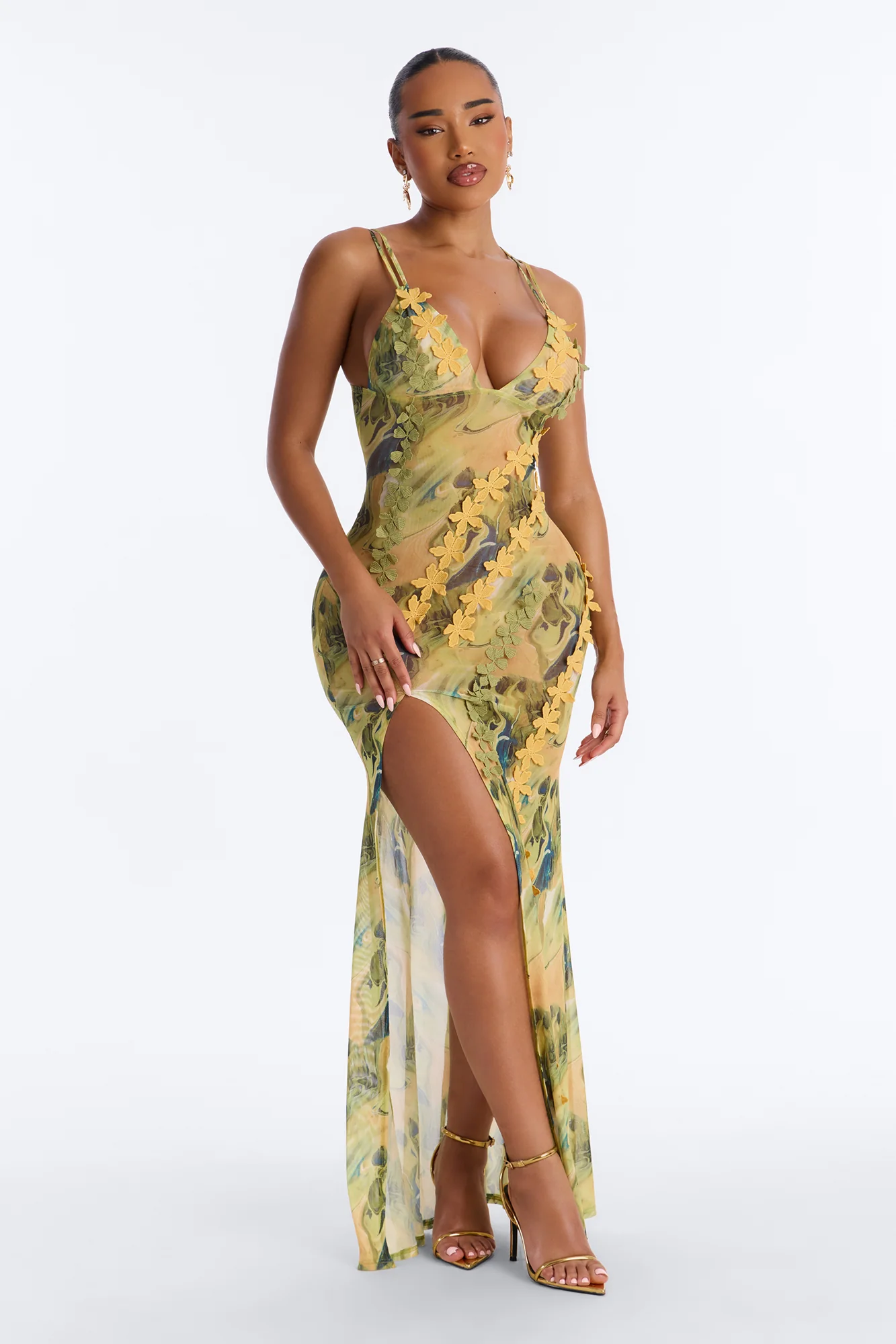 Dixie Floral Tie Dye Mesh Maxi Dress - Green/combo