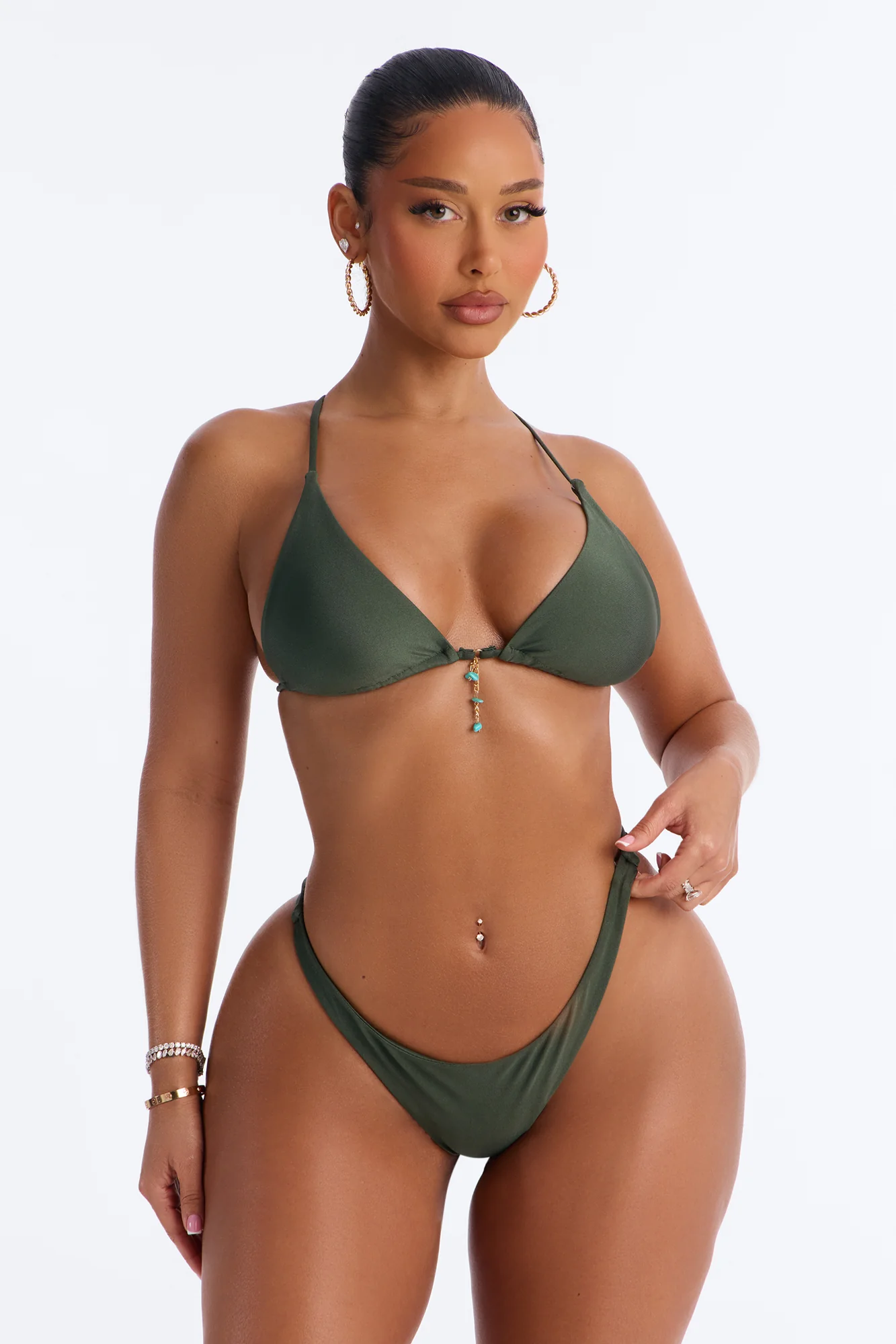 Doing The Most 3 Piece Shimmer Triangle Bikini & Cover Up Pant Sunsuit - Olive - Image 2