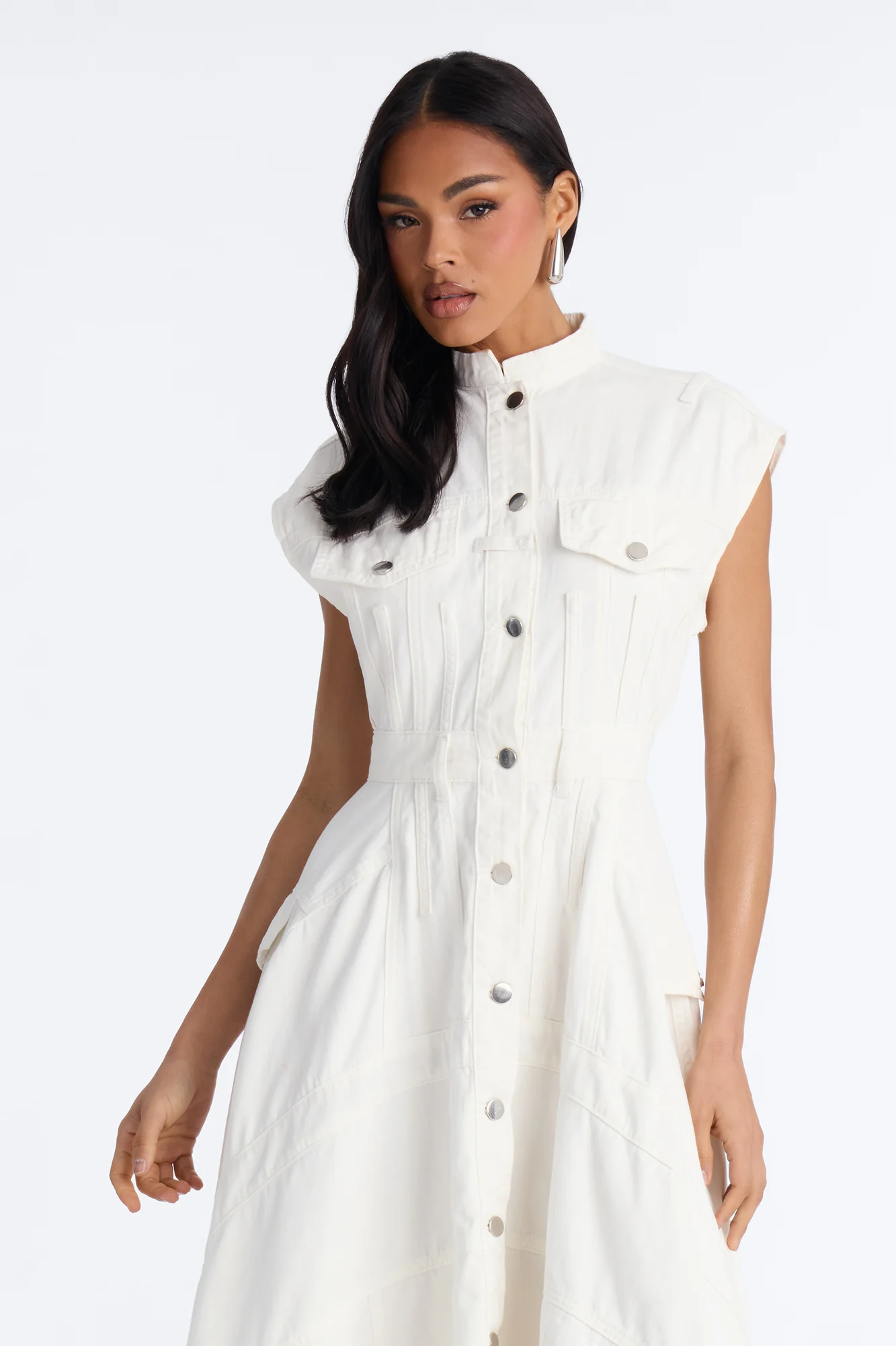 Dolly Button Up Denim Midi Dress - White - Image 2