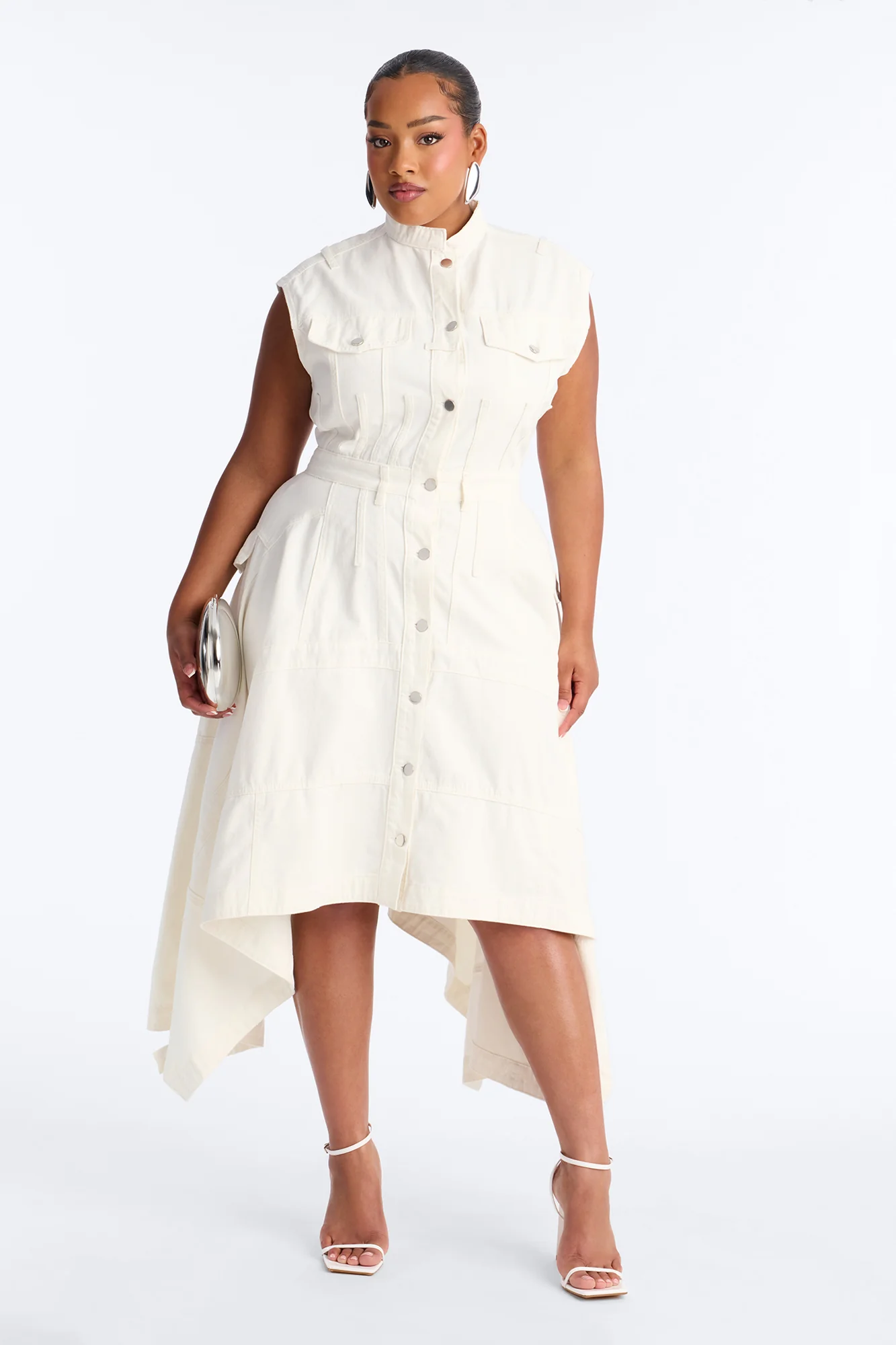 Dolly Button Up Denim Midi Dress - White - Image 5
