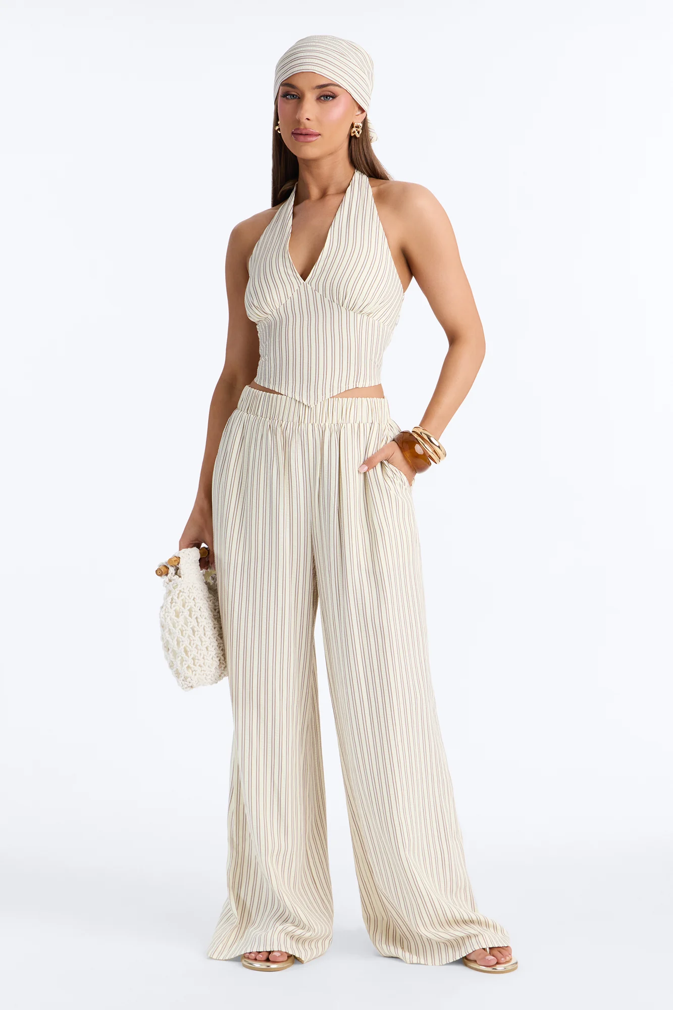 Donna Pinstripe 3 Piece Pant Set - Yellow/combo