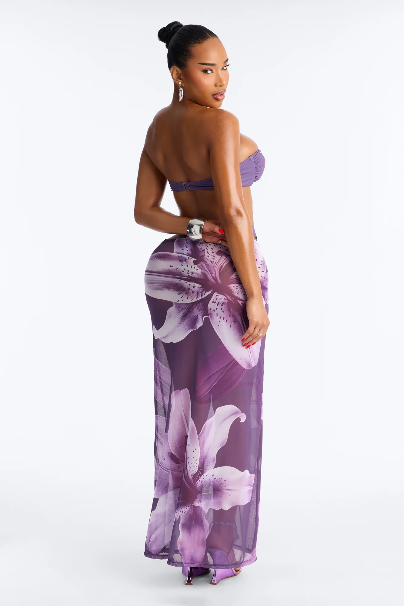 Don't Bother 3 Piece Strapless Bikini & Cover Up Maxi Skirt Sunsuit - Purple - Image 5