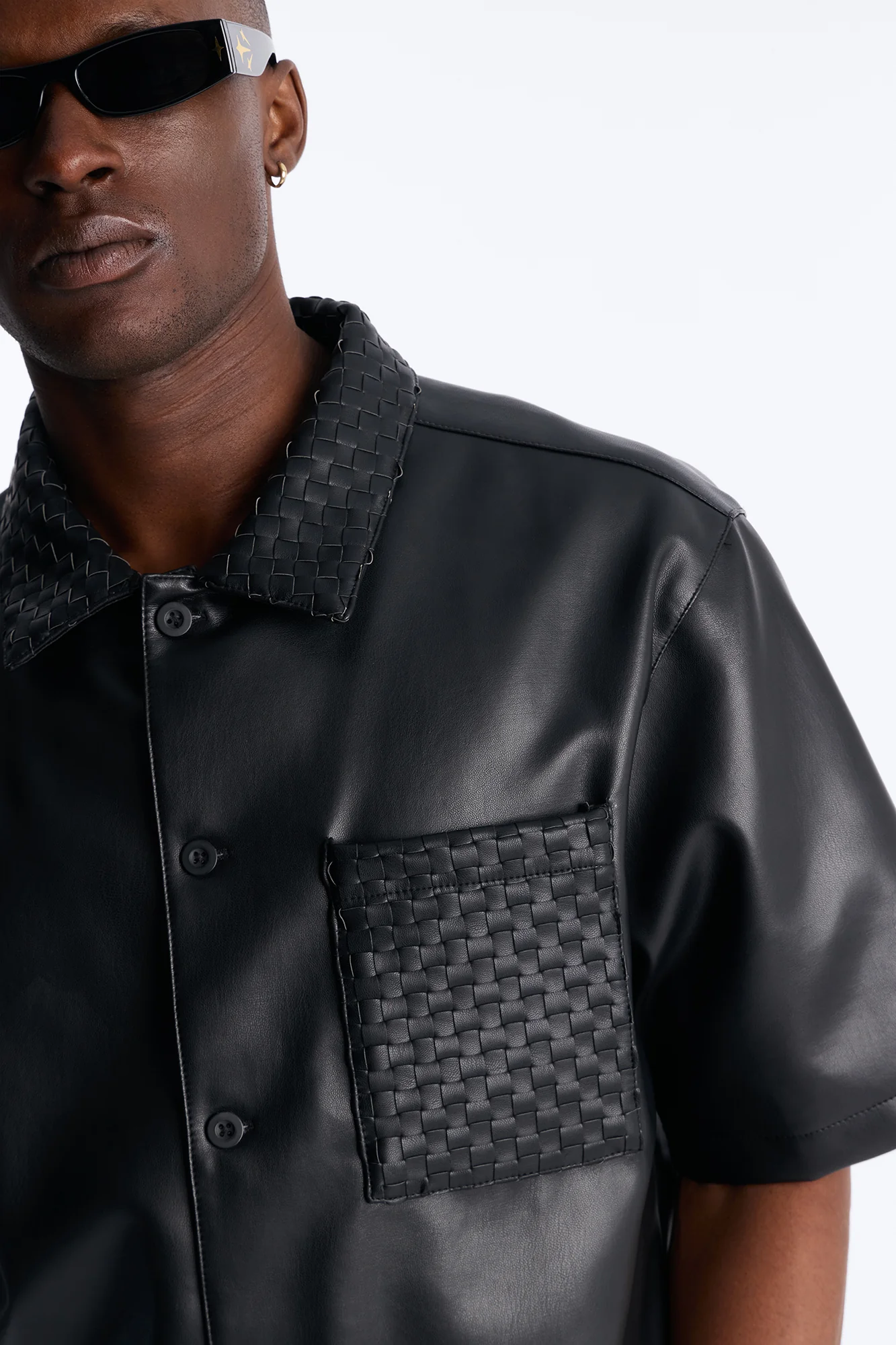 Dont Cross Me Weaved Faux Leather Cropped Shirt - Black - Image 3