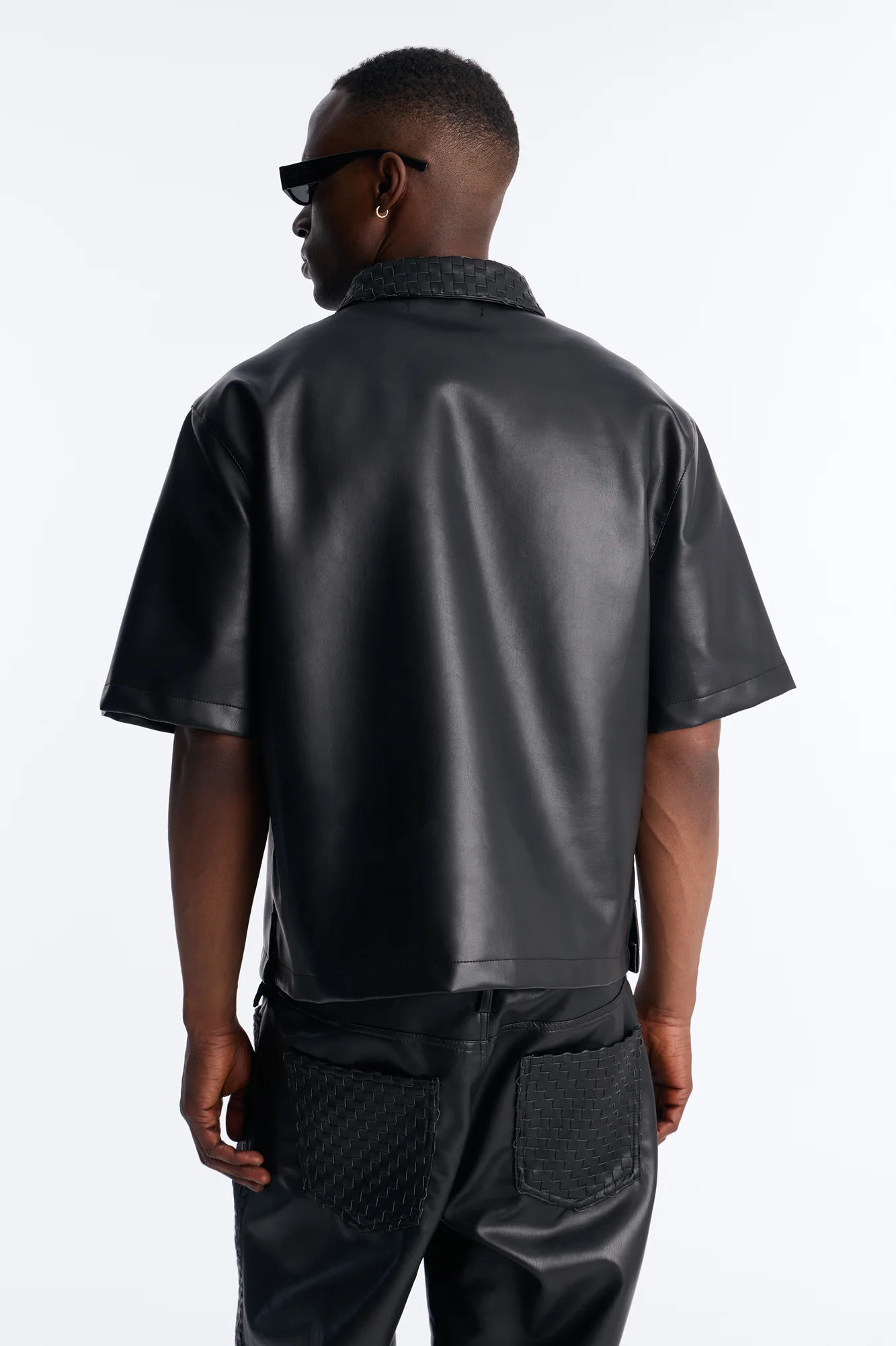 Dont Cross Me Weaved Faux Leather Cropped Shirt - Black - Image 4